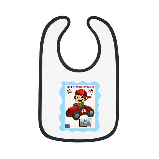 Fun Cartoon Baby Bib - 'Hi, I'm Monkey Mac. One day you'll ride a go-kart like me.