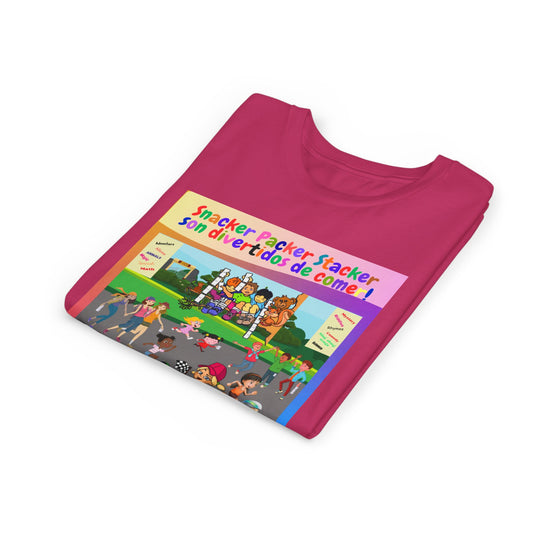 Youth Tee - (Spanish) — "Snacker Packer Stacker: Son divertidos de comer" Illustrated Kids Book Cover Shirt