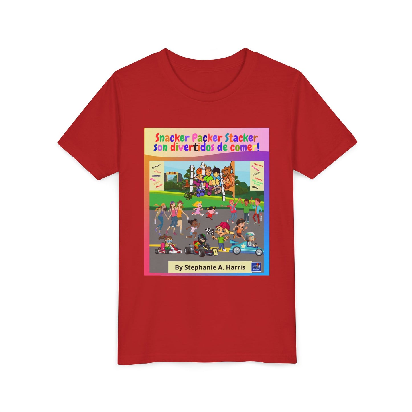 Youth Tee - (Spanish) — "Snacker Packer Stacker: Son divertidos de comer" Illustrated Kids Book Cover Shirt