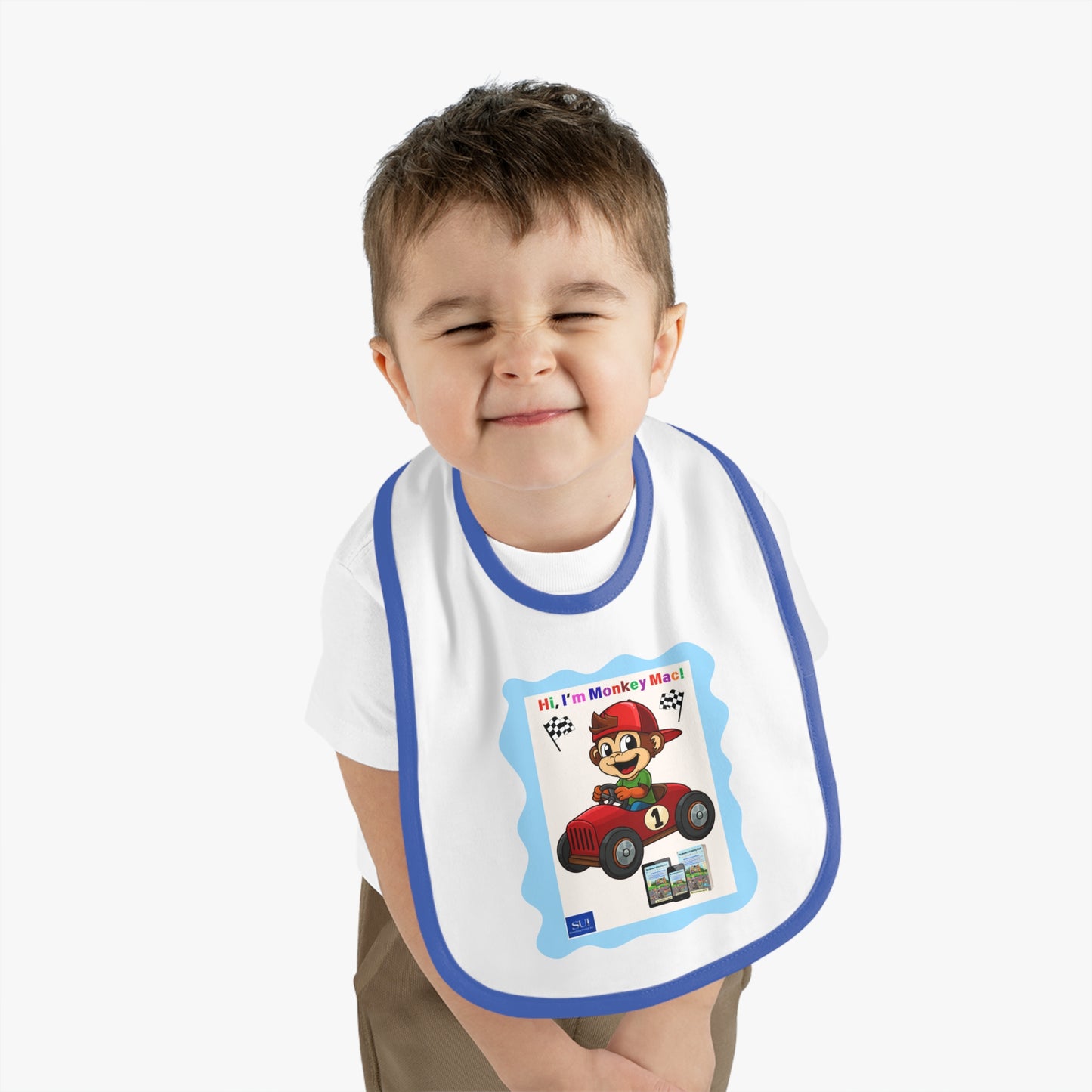 Fun Cartoon Baby Bib - 'Hi, I'm Monkey Mac!' Design