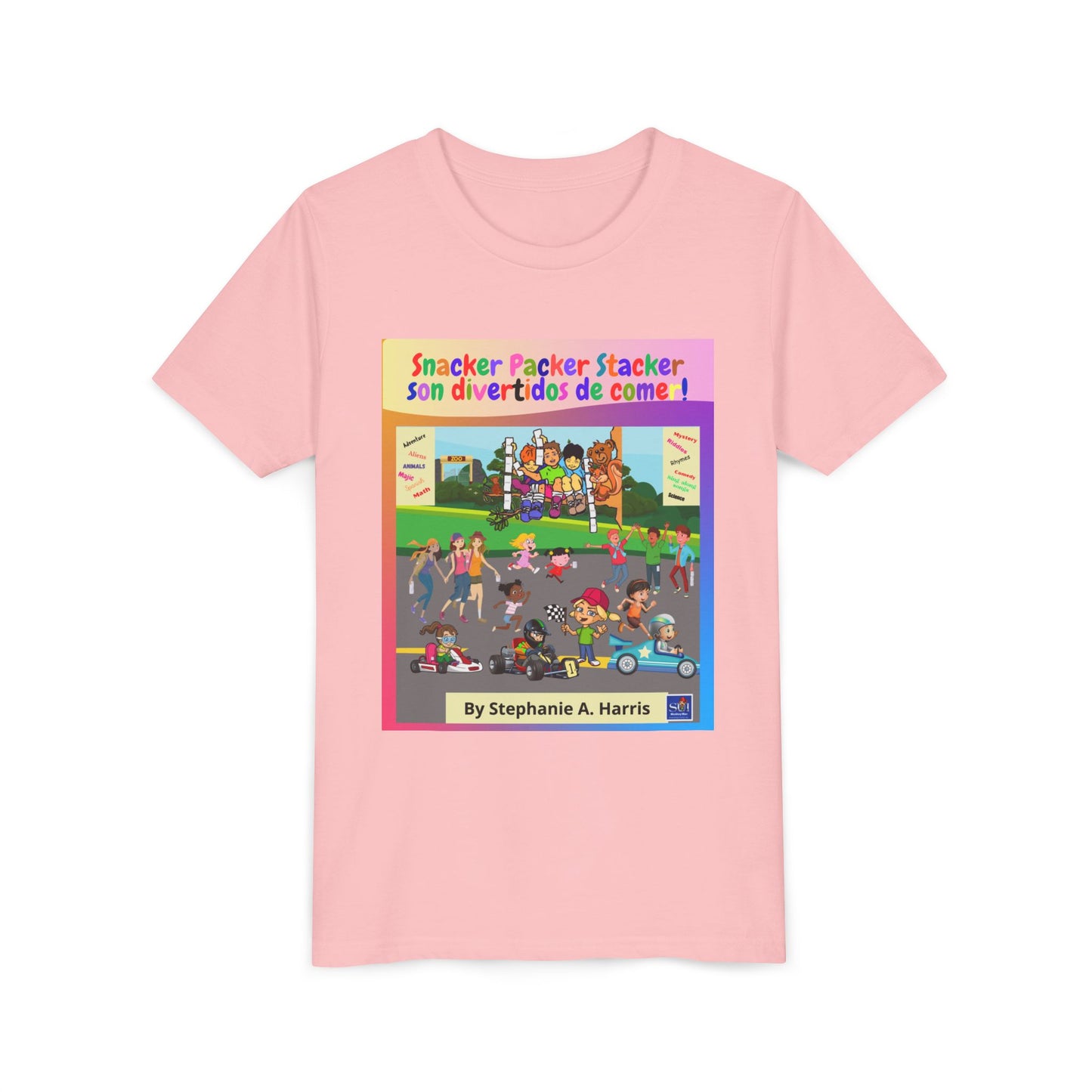 Youth Tee - (Spanish) — "Snacker Packer Stacker: Son divertidos de comer" Illustrated Kids Book Cover Shirt
