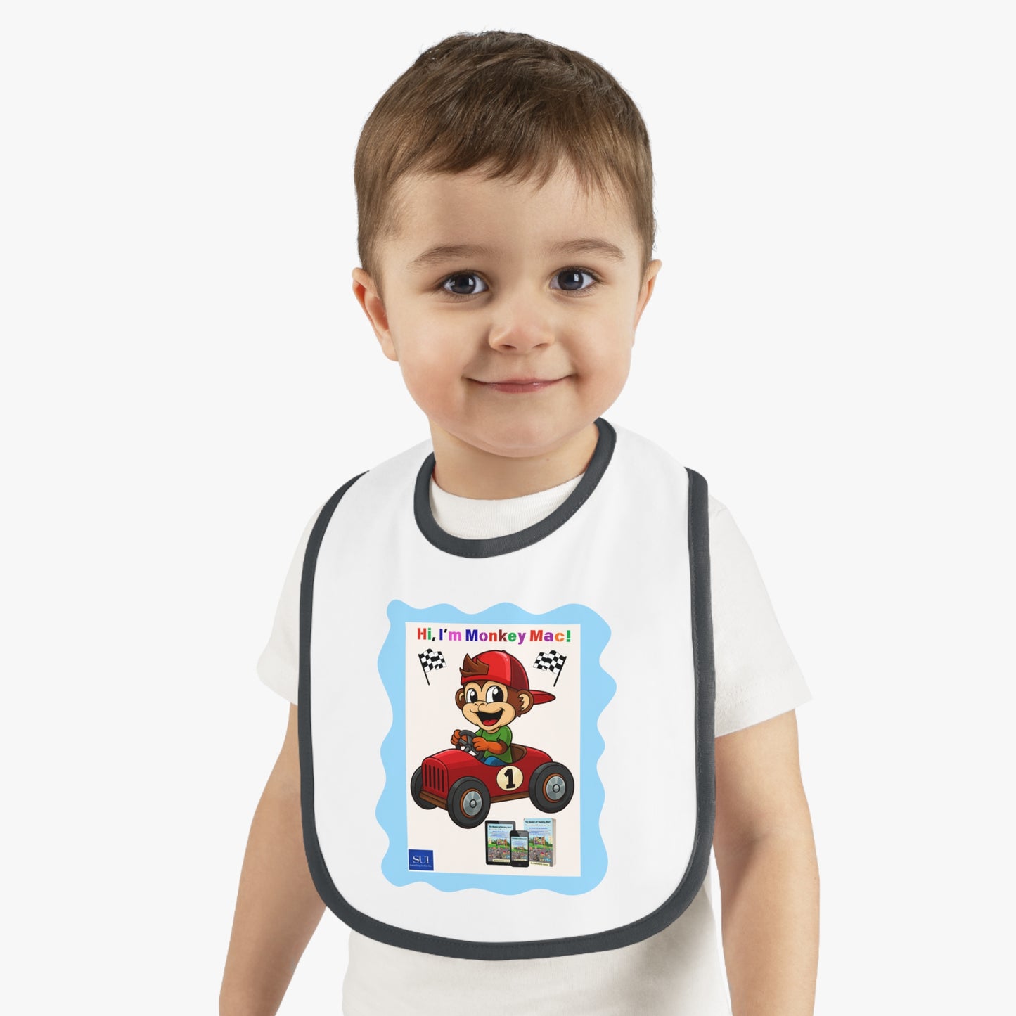 Fun Cartoon Baby Bib - 'Hi, I'm Monkey Mac!' Design