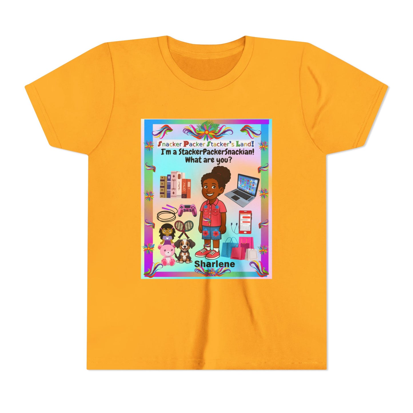 Youth Tee — "StackerPackerSnackman" Rainbow Travel & Adventure Kids T‑Shirt