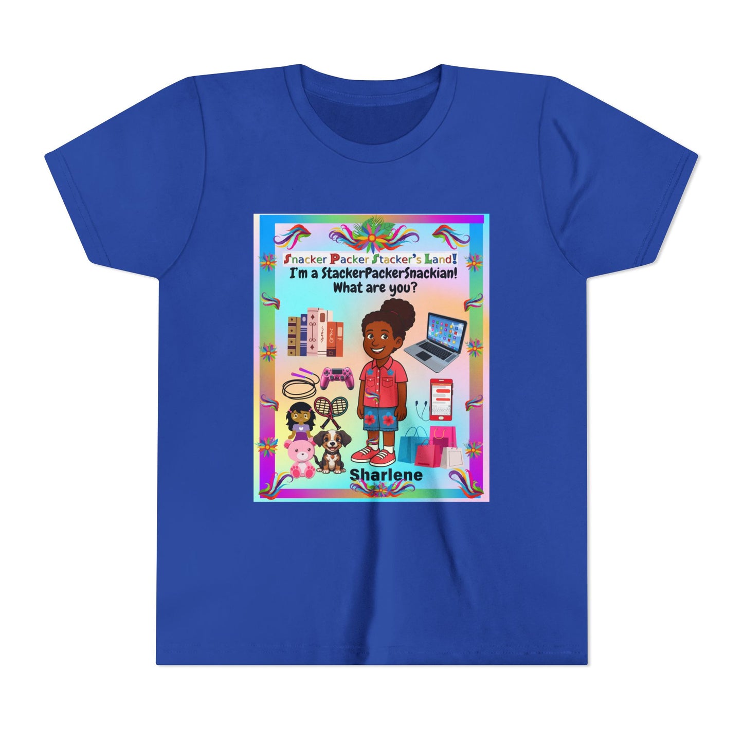 Youth Tee — "StackerPackerSnackman" Rainbow Travel & Adventure Kids T‑Shirt
