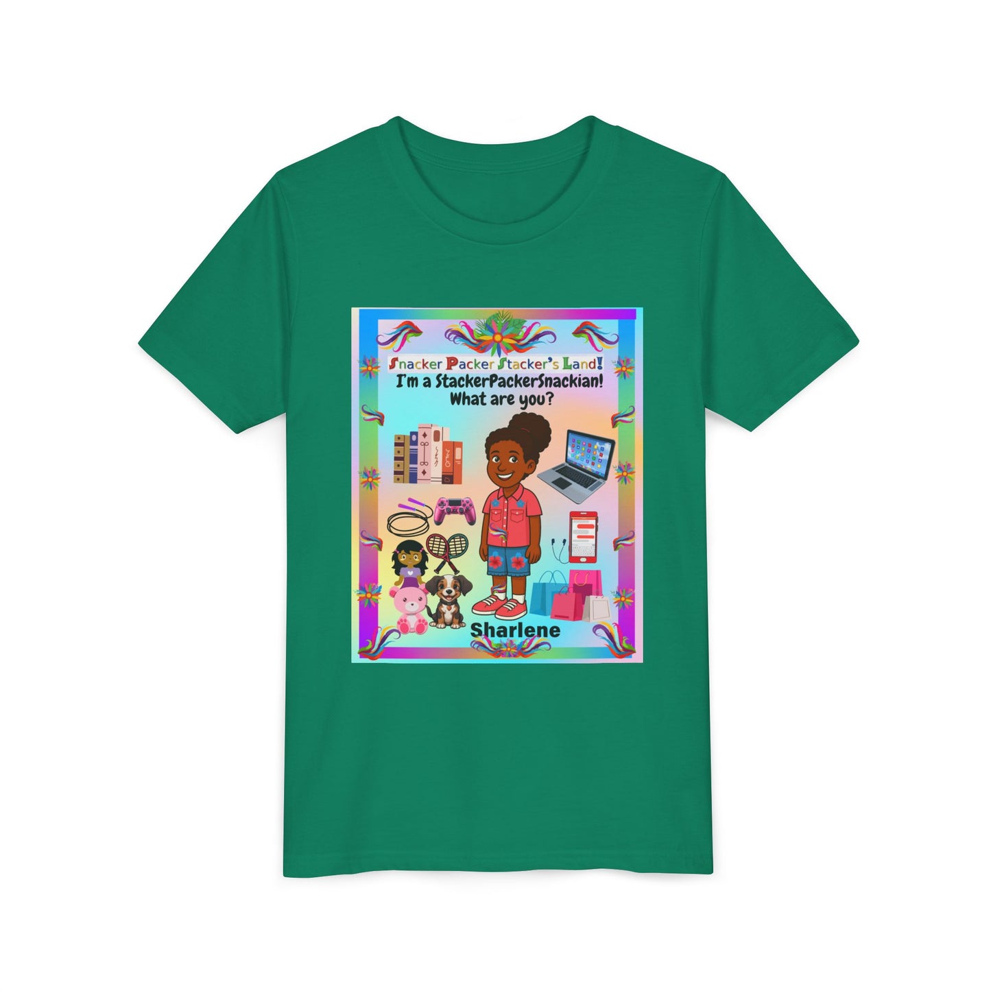 Youth Tee — "StackerPackerSnackman" Rainbow Travel & Adventure Kids T‑Shirt