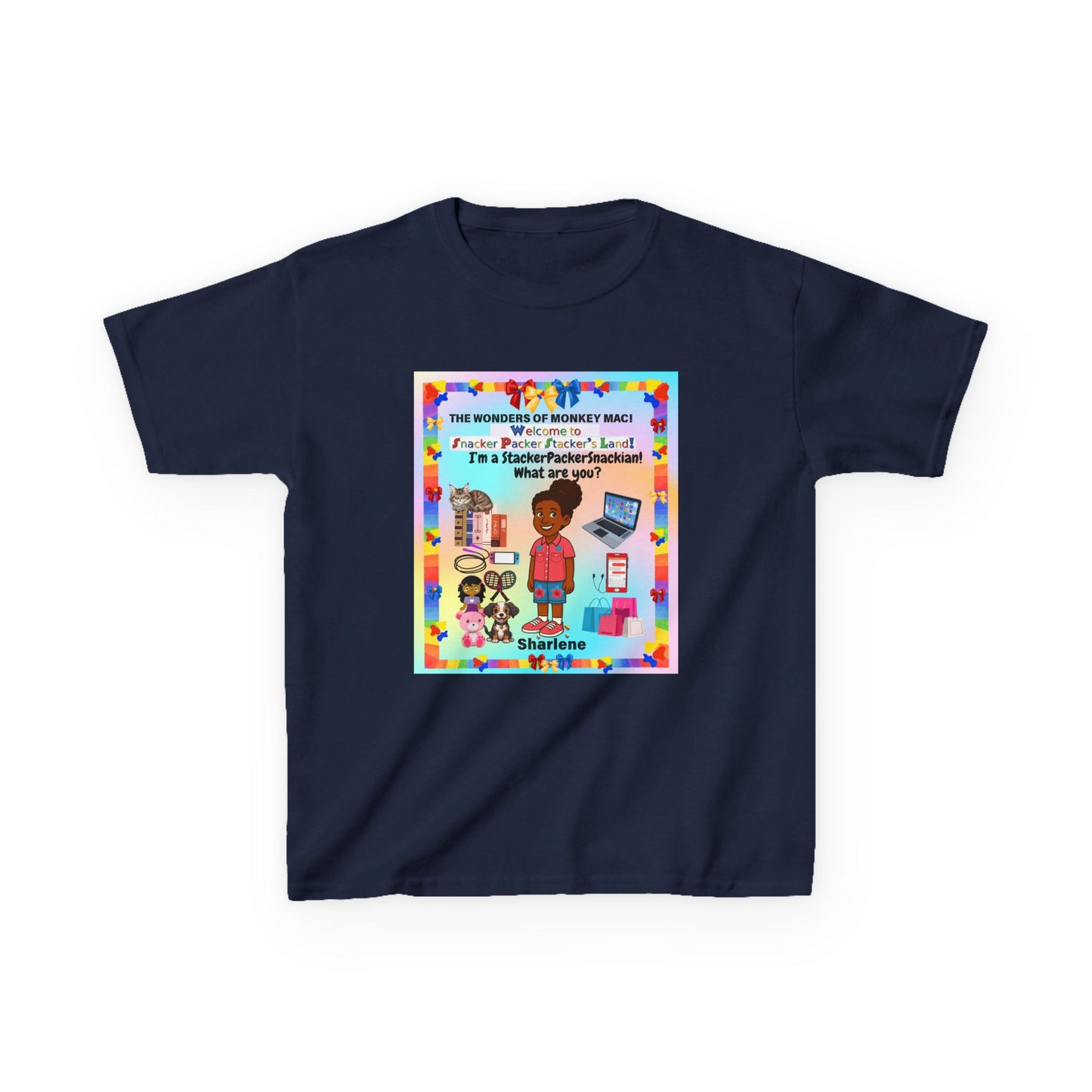 Youth Tee — "StackerPackerSnackman" Rainbow Travel & Adventure Kids T‑Shirt