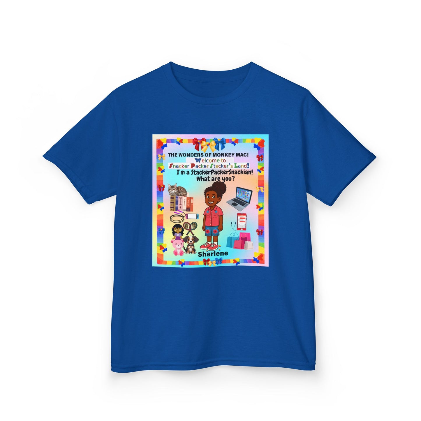 Youth Tee — "StackerPackerSnackman" Rainbow Travel & Adventure Kids T‑Shirt