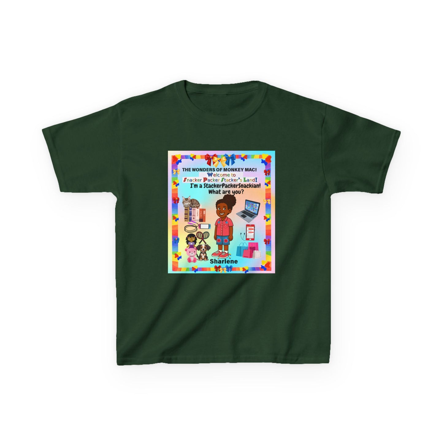 Youth Tee — "StackerPackerSnackman" Rainbow Travel & Adventure Kids T‑Shirt