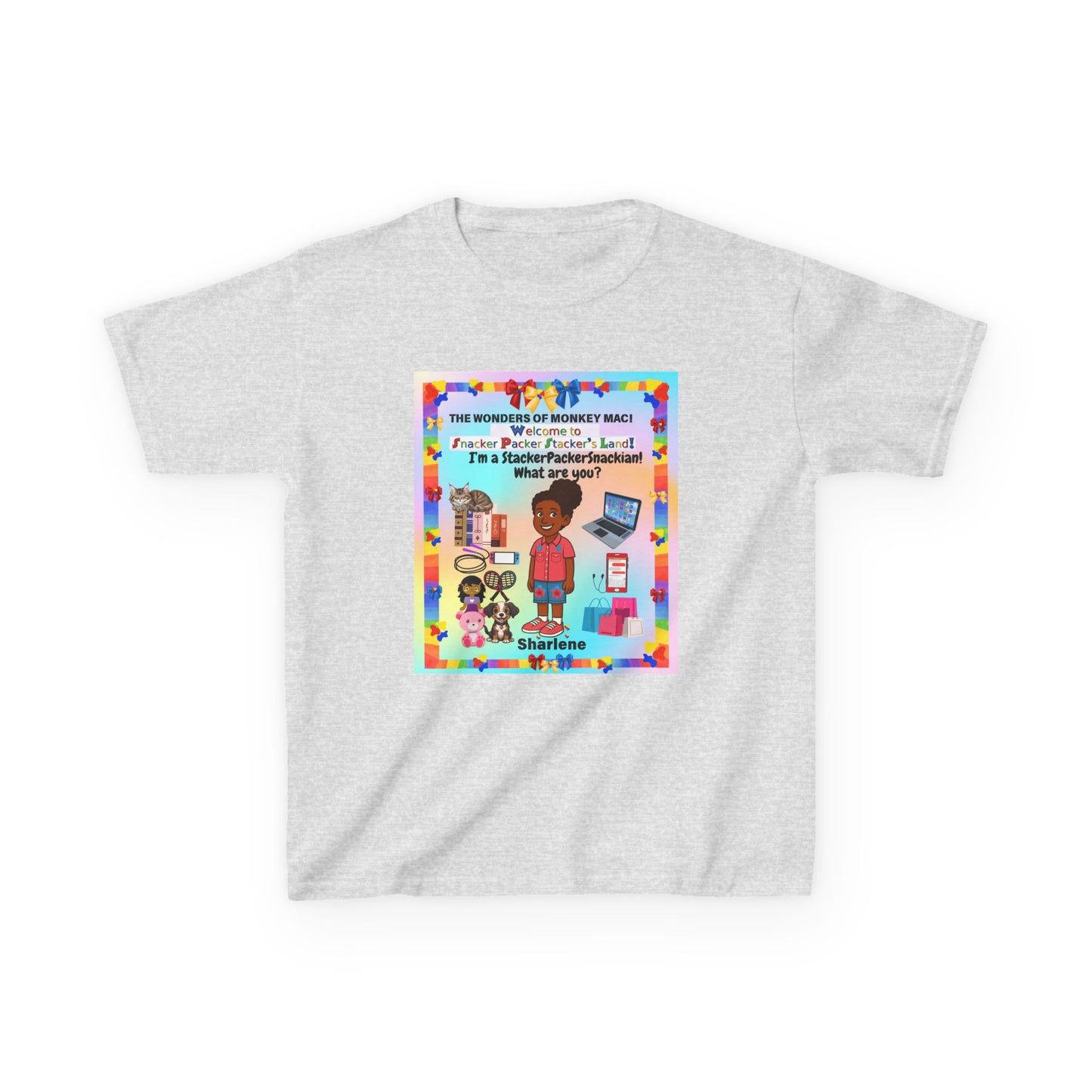 Youth Tee — "StackerPackerSnackman" Rainbow Travel & Adventure Kids T‑Shirt
