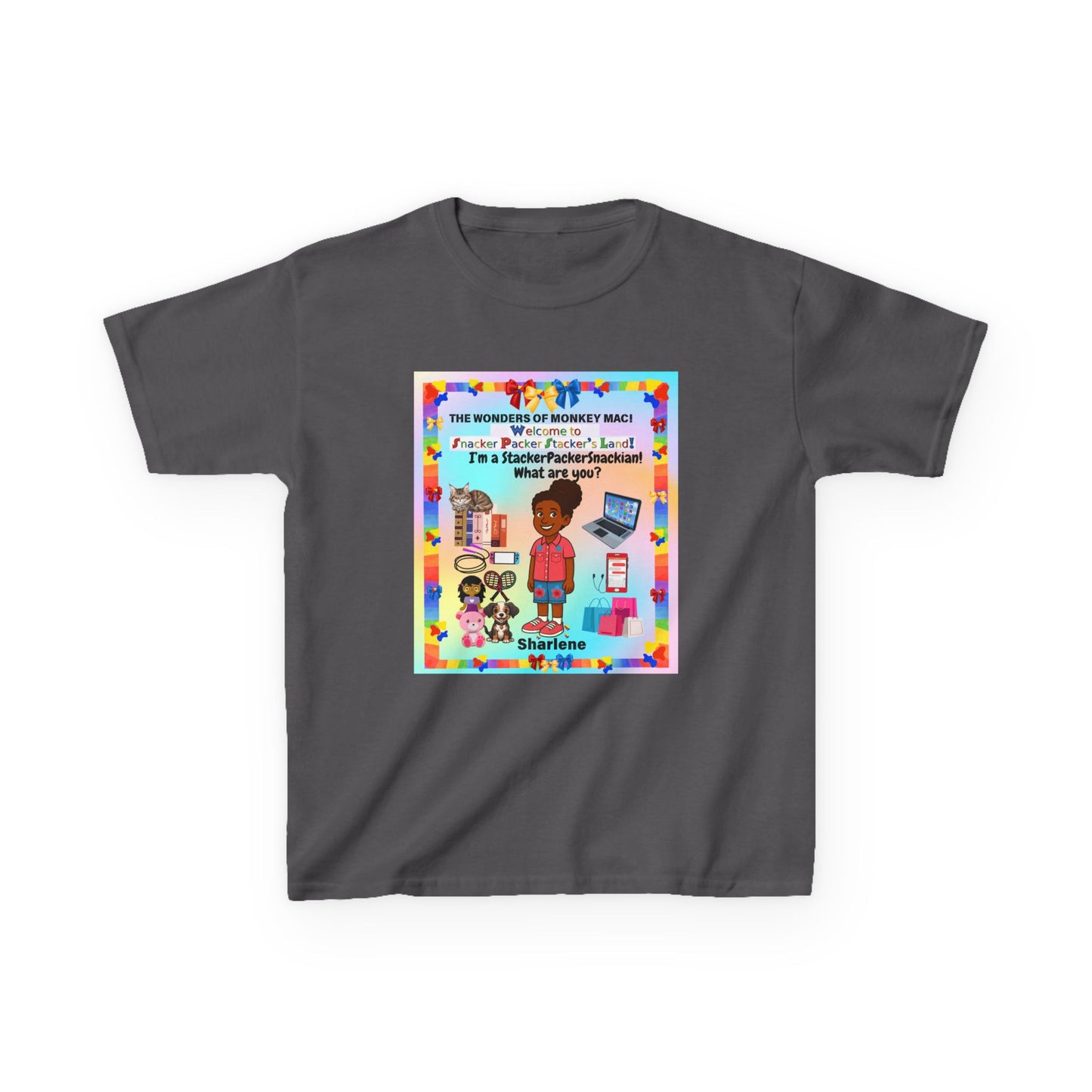 Youth Tee — "StackerPackerSnackman" Rainbow Travel & Adventure Kids T‑Shirt