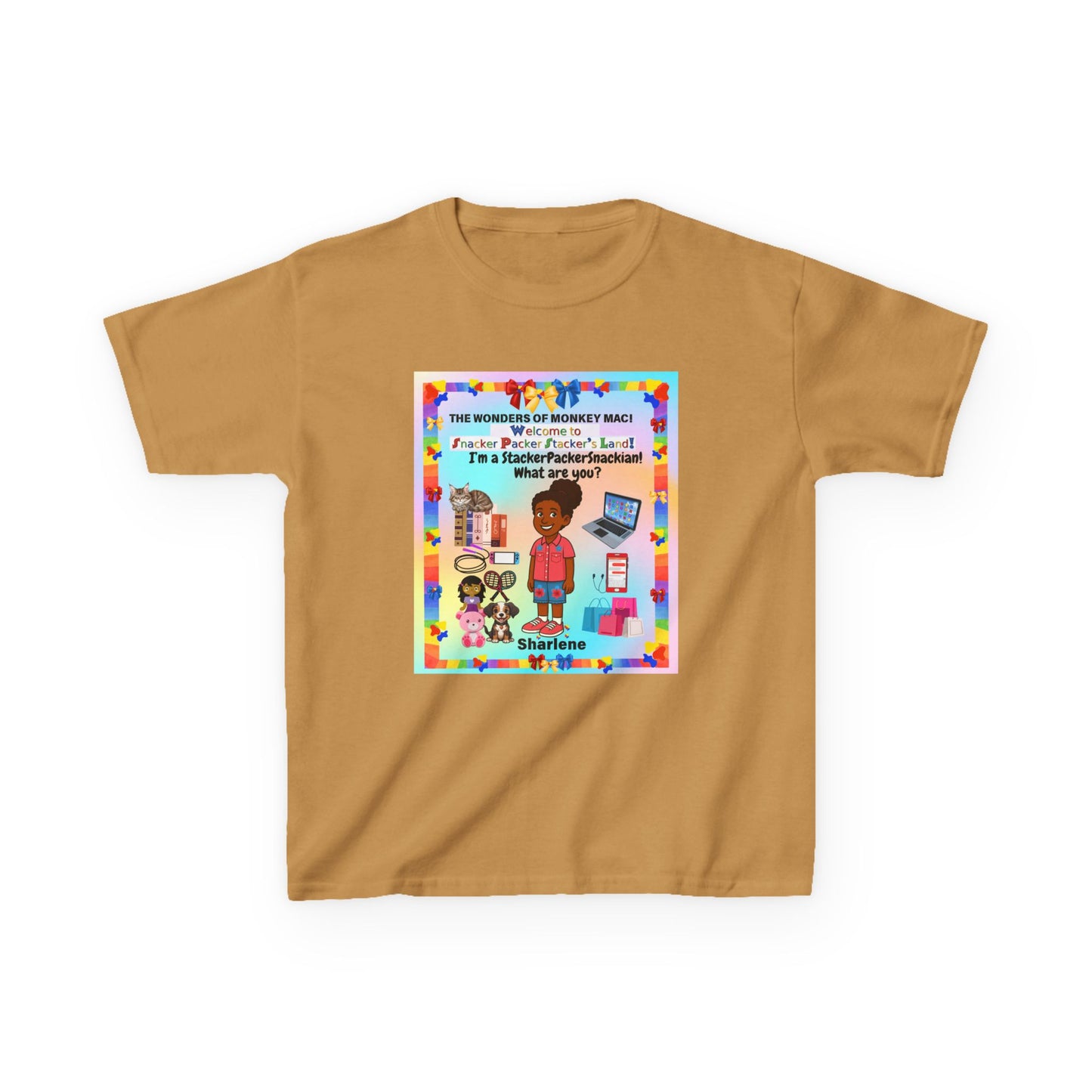 Youth Tee — "StackerPackerSnackman" Rainbow Travel & Adventure Kids T‑Shirt