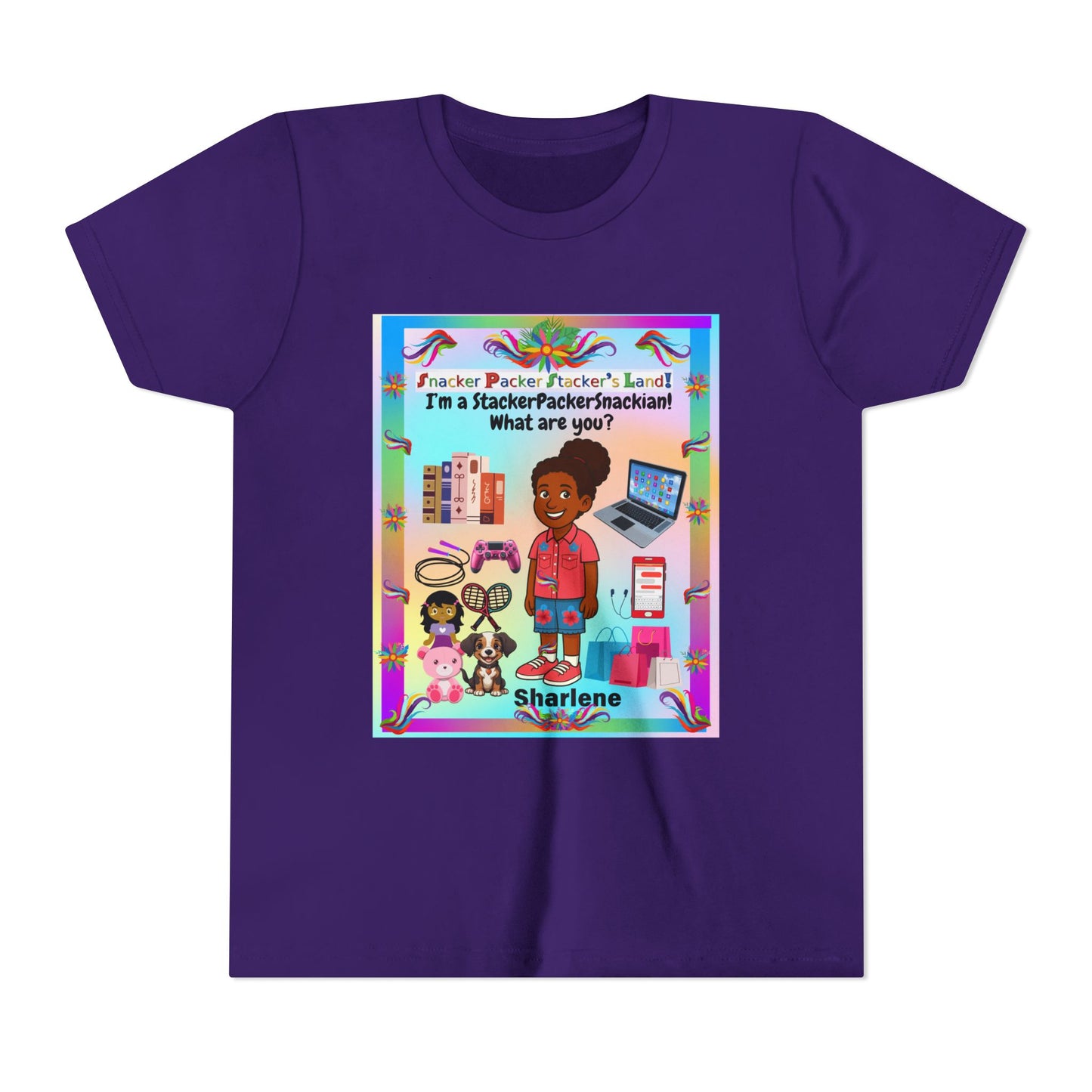 Youth Tee — "StackerPackerSnackman" Rainbow Travel & Adventure Kids T‑Shirt
