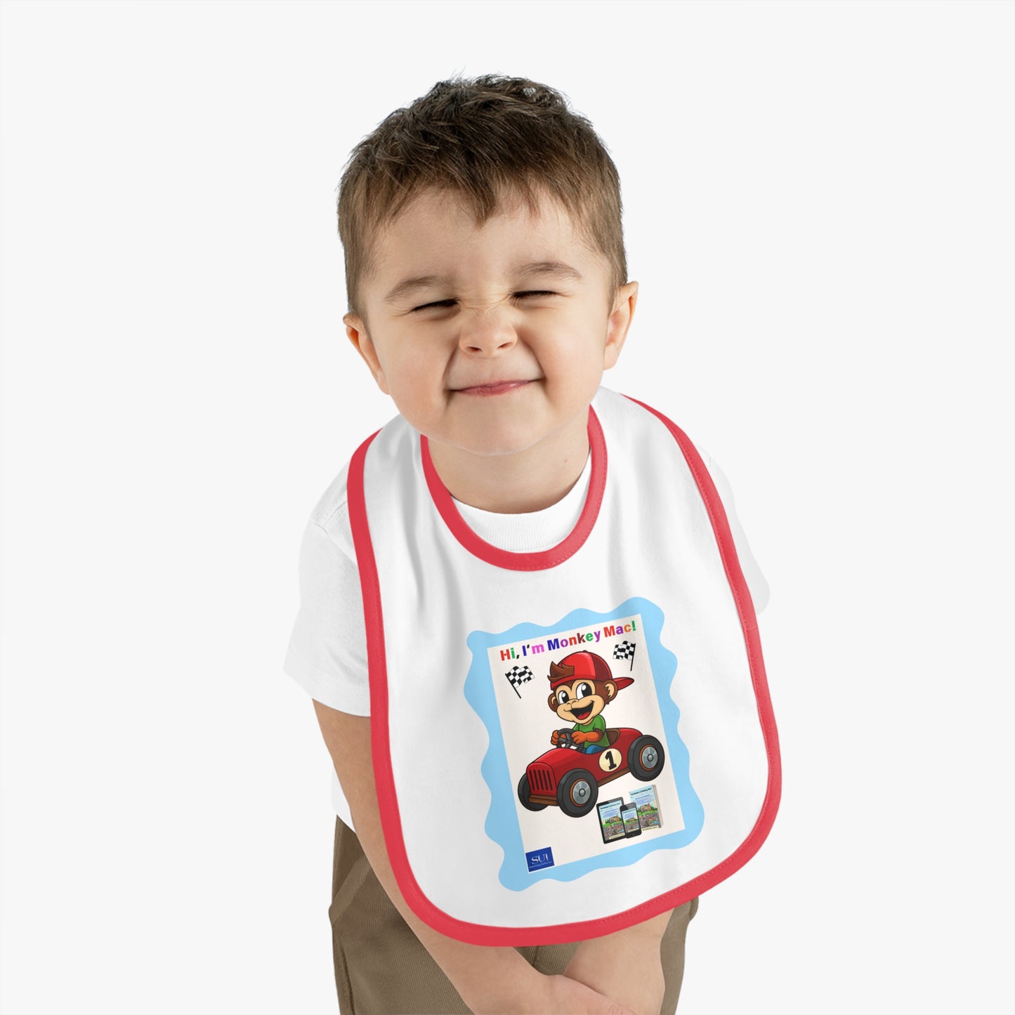Fun Cartoon Baby Bib - 'Hi, I'm Monkey Mac!' Design