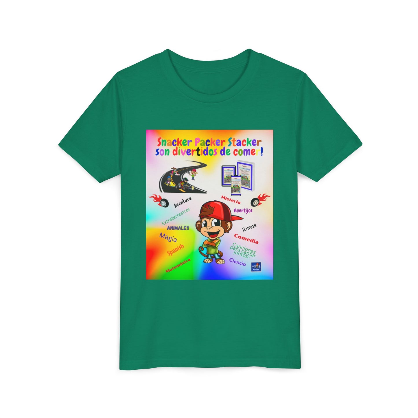 Youth Tee — (Spanish) Colorful Snack Design (“Snacker Packer Stacker son divertidos de come!”)