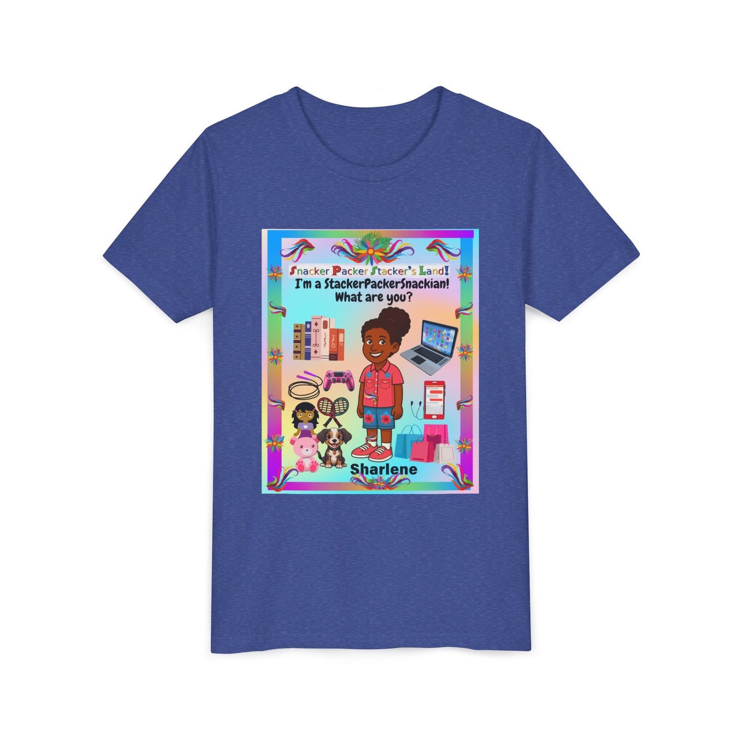 Youth Tee — "StackerPackerSnackman" Rainbow Travel & Adventure Kids T‑Shirt