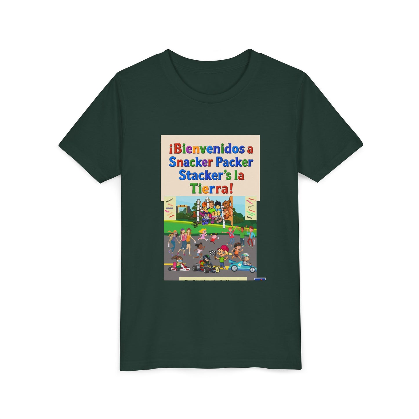 Youth Tee - (Spanish) "¡Bienvenidos a Snacker Packer Stacker's la Tierra!" Colorful Bilingual Kids Shirt