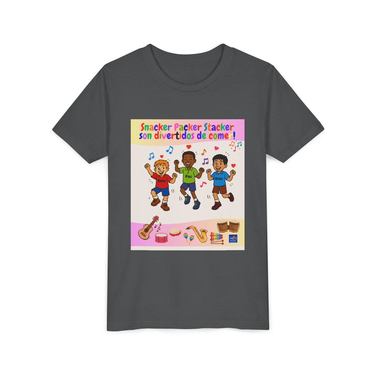 Youth Tee - (Spanish) – "Snacker Packer Stacker" Colorful Music & Dance Kids Shirt