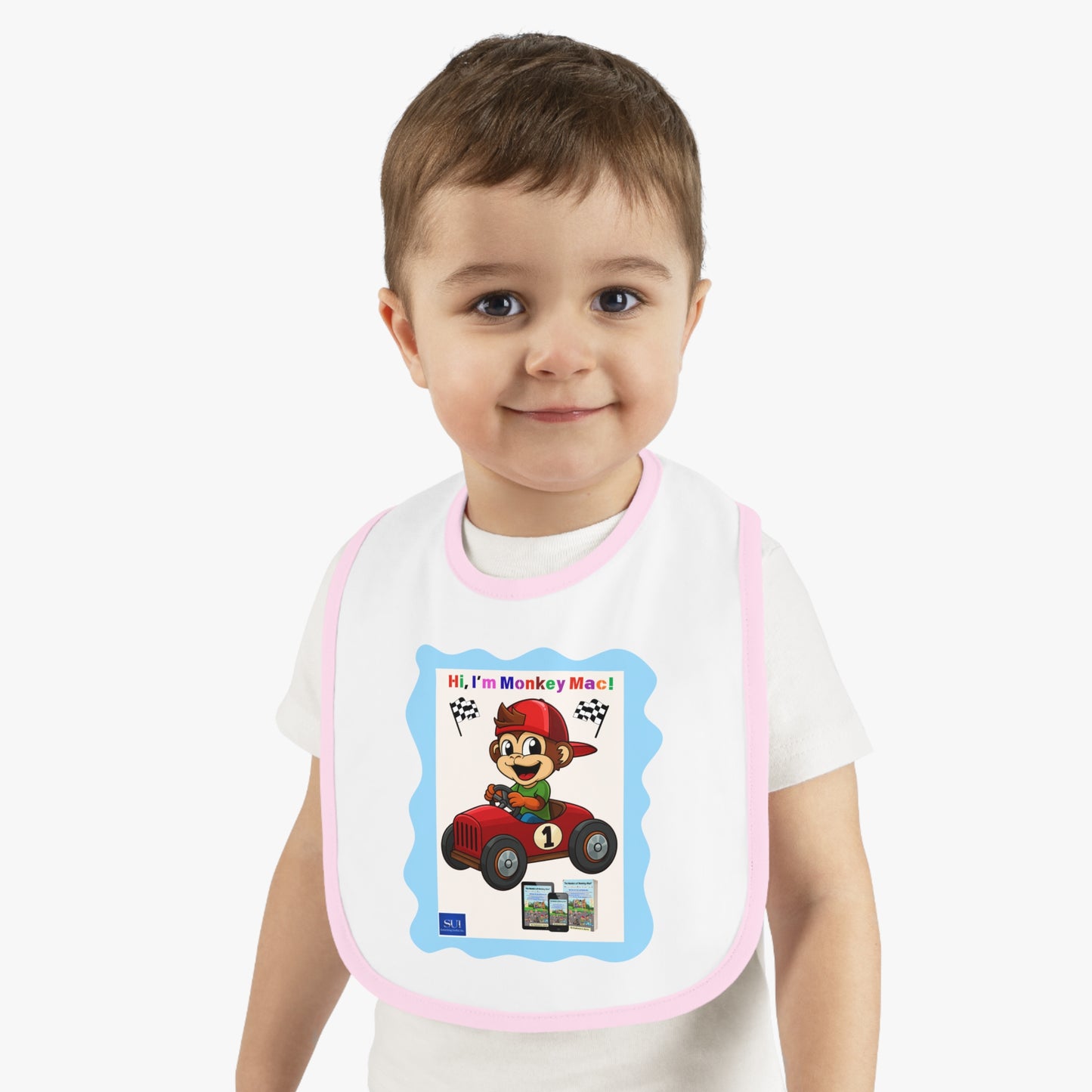Fun Cartoon Baby Bib - 'Hi, I'm Monkey Mac!' Design