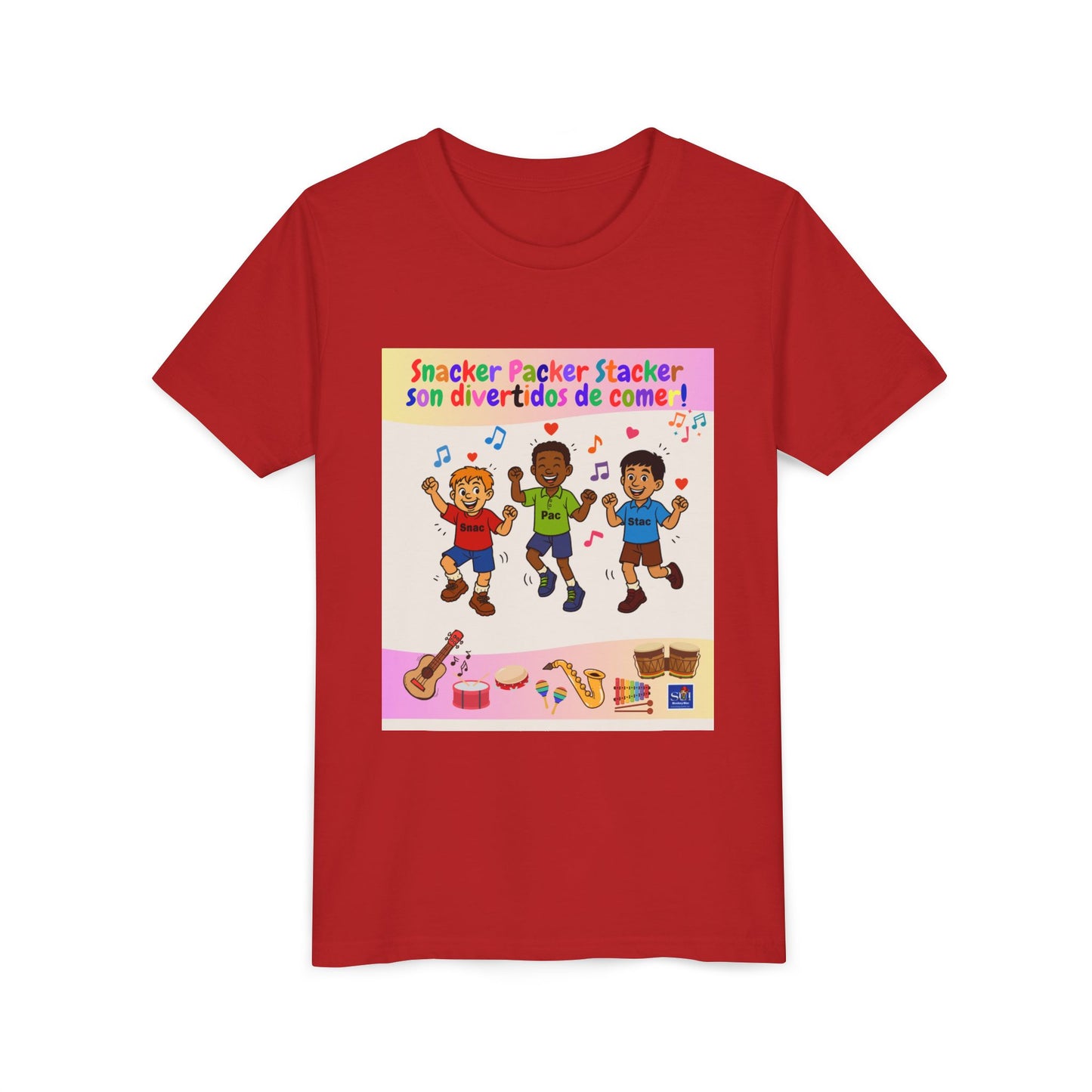 Youth Tee - (Spanish) – "Snacker Packer Stacker" Colorful Music & Dance Kids Shirt