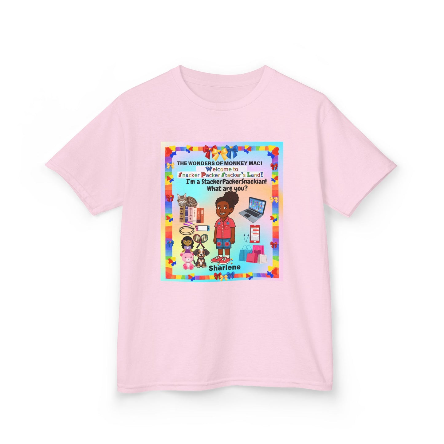 Youth Tee — "StackerPackerSnackman" Rainbow Travel & Adventure Kids T‑Shirt