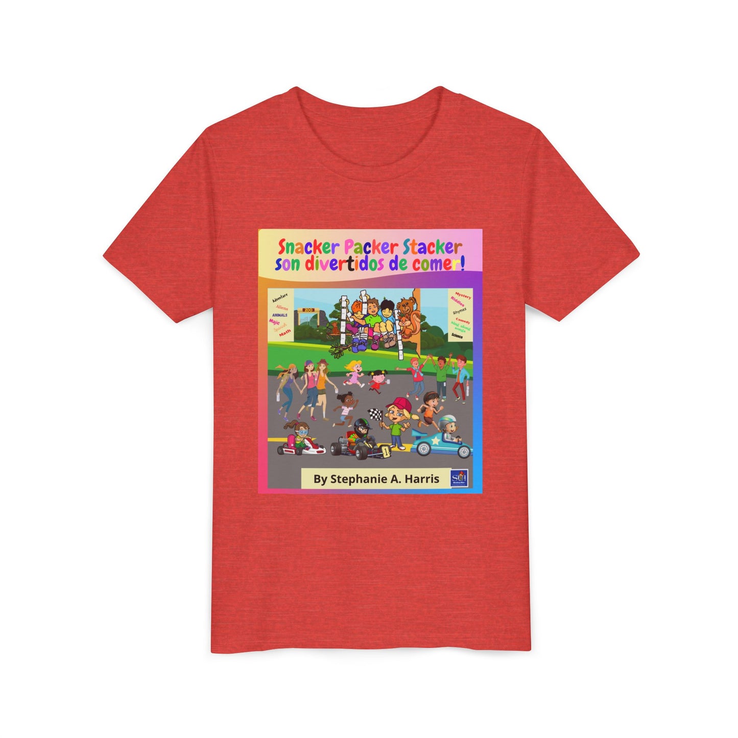 Youth Tee - (Spanish) — "Snacker Packer Stacker: Son divertidos de comer" Illustrated Kids Book Cover Shirt
