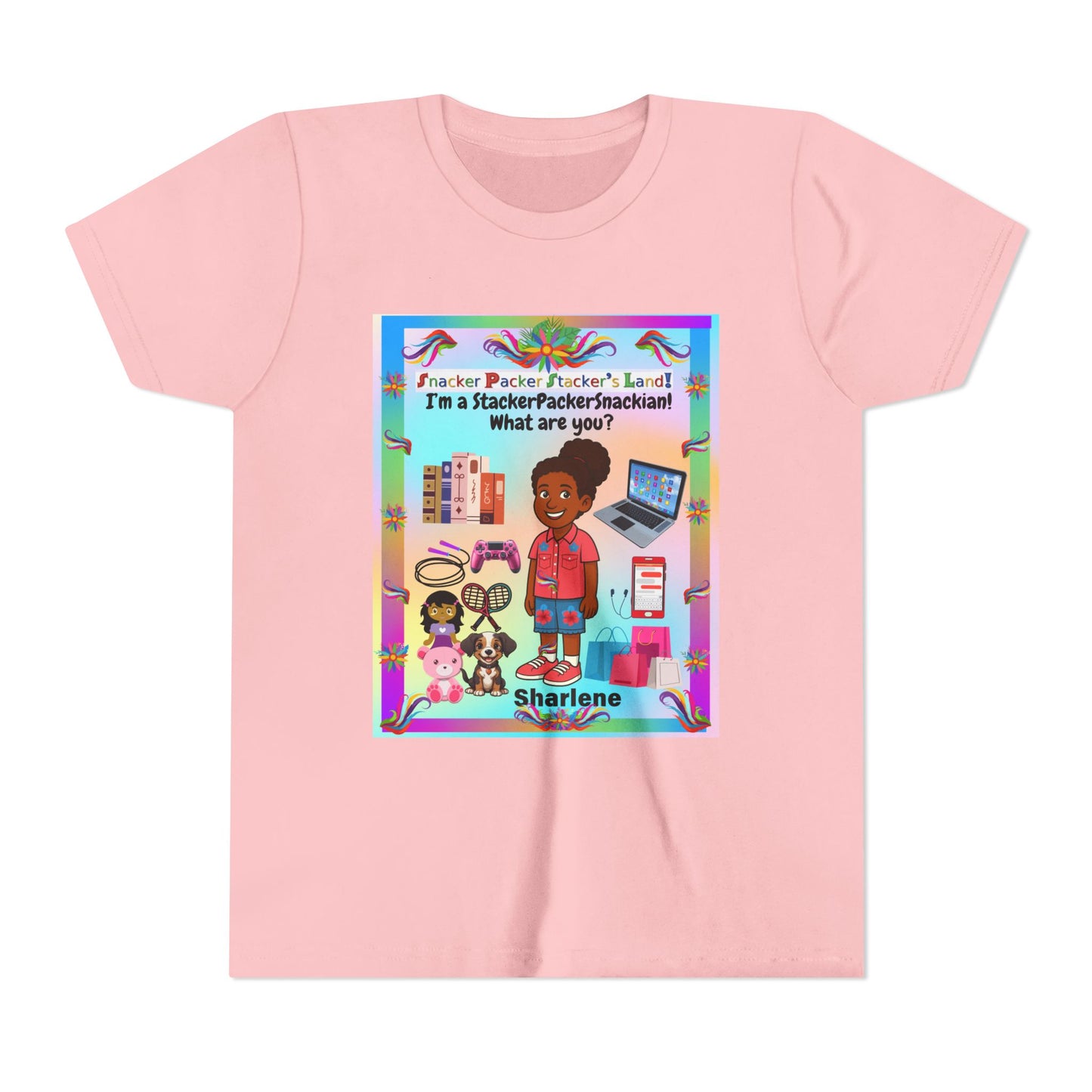 Youth Tee — "StackerPackerSnackman" Rainbow Travel & Adventure Kids T‑Shirt