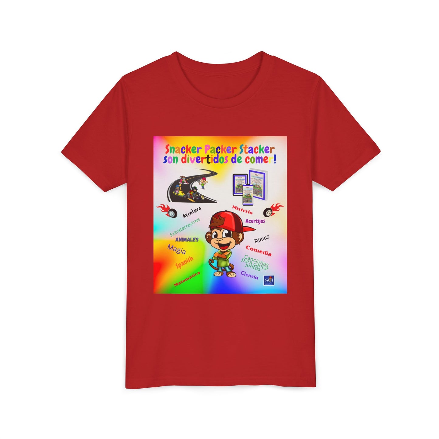 Youth Tee — (Spanish) Colorful Snack Design (“Snacker Packer Stacker son divertidos de come!”)