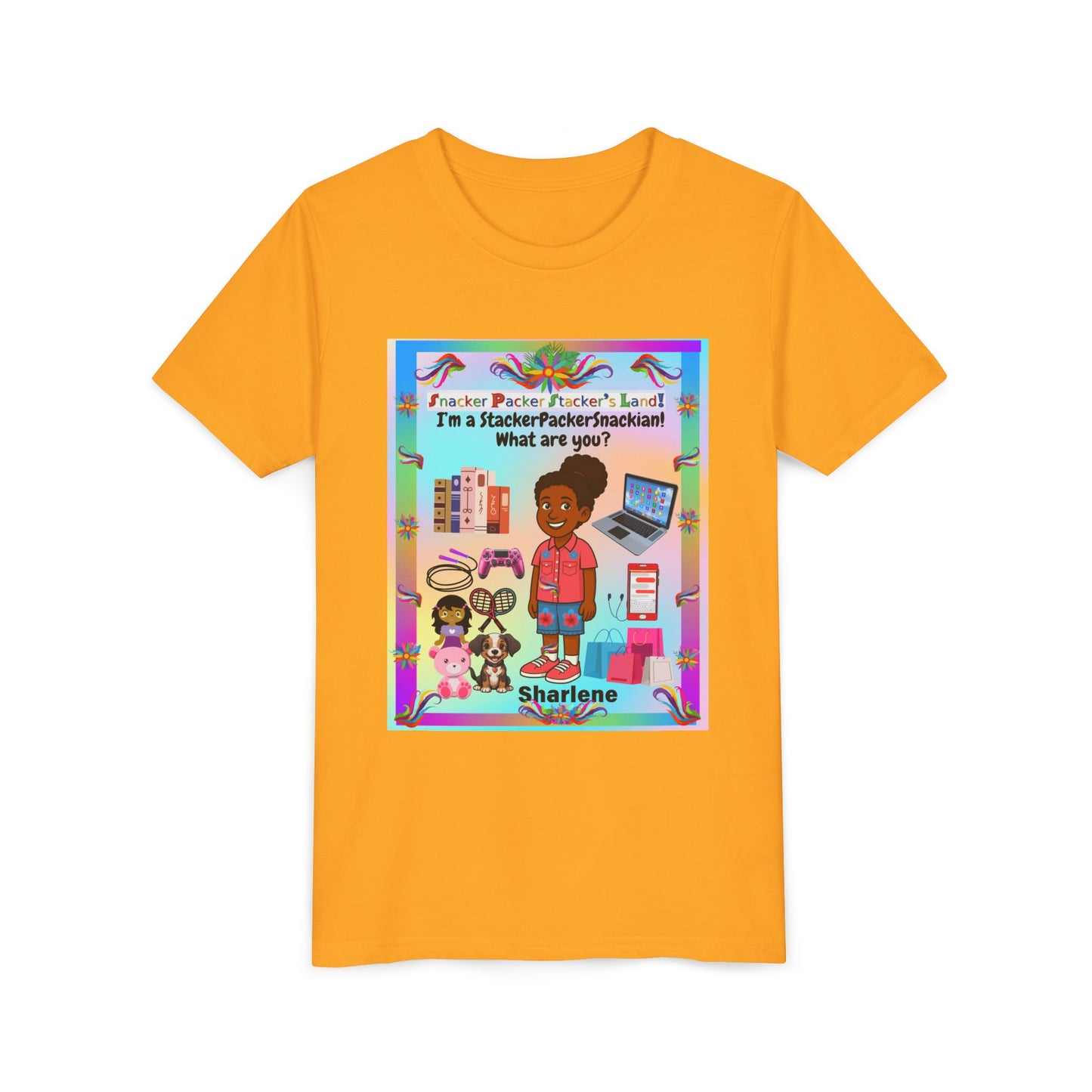 Youth Tee — "StackerPackerSnackman" Rainbow Travel & Adventure Kids T‑Shirt