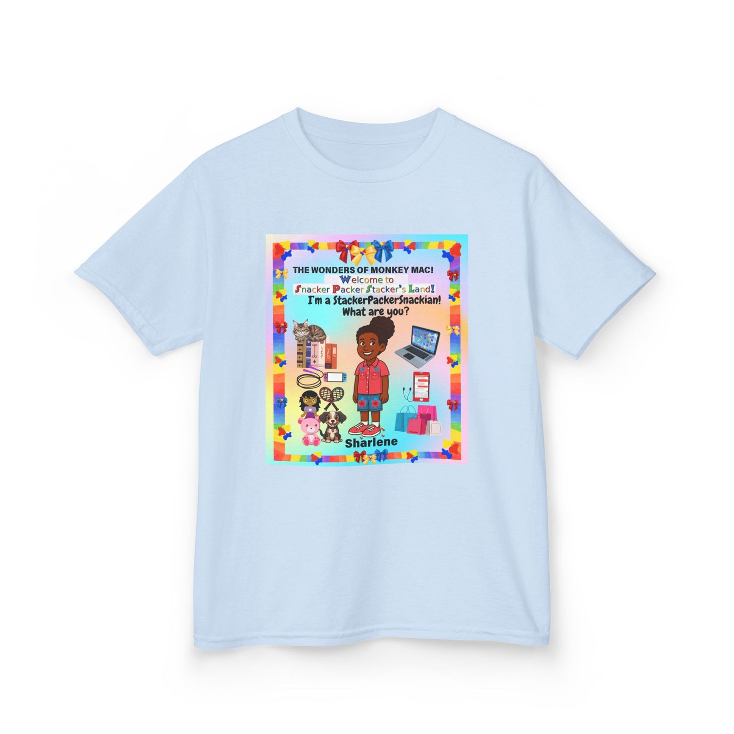 Youth Tee — "StackerPackerSnackman" Rainbow Travel & Adventure Kids T‑Shirt