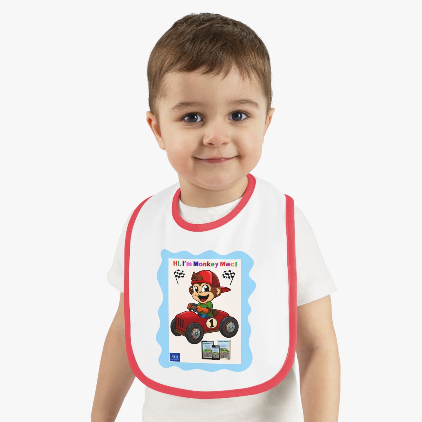 Fun Cartoon Baby Bib - 'Hi, I'm Monkey Mac!' Design