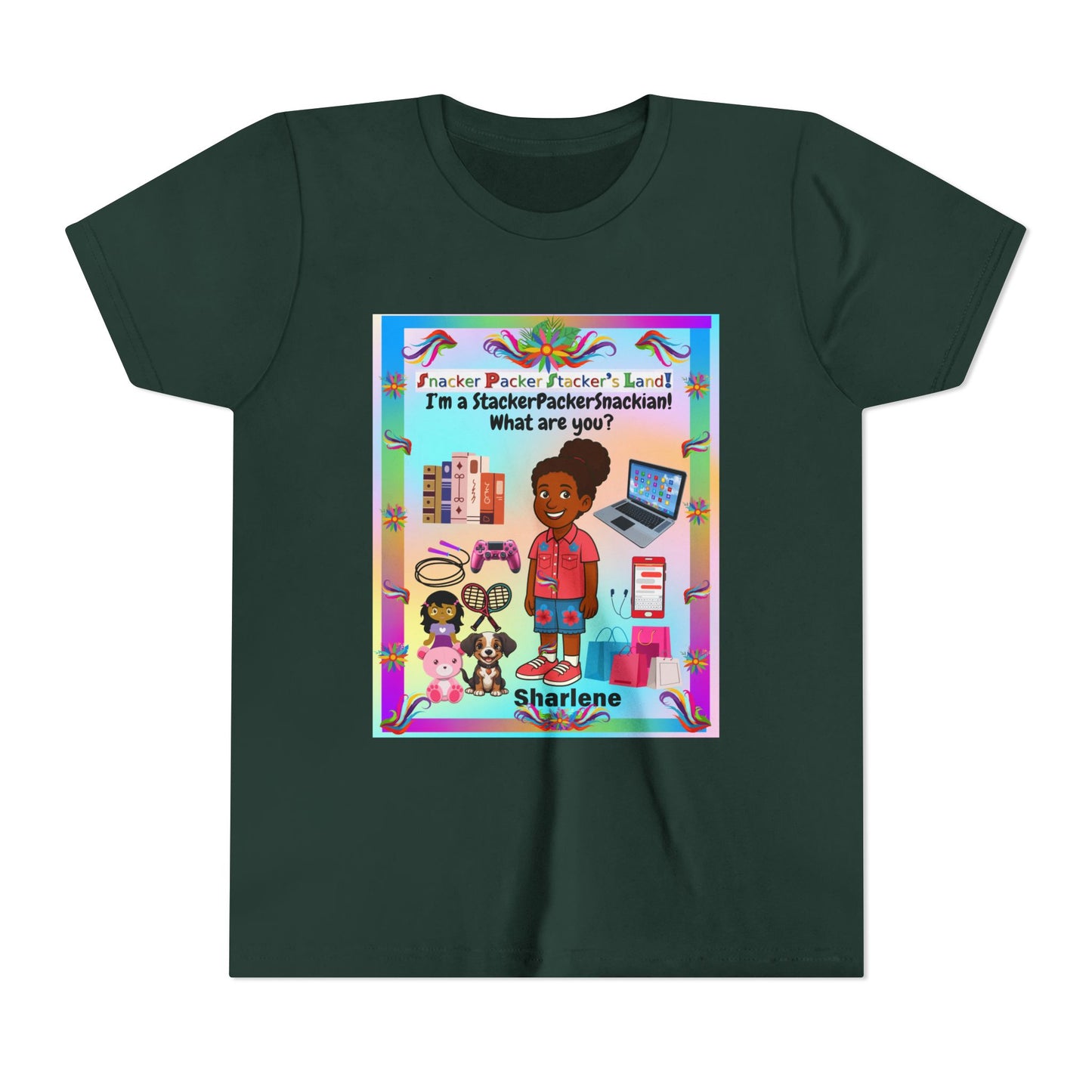 Youth Tee — "StackerPackerSnackman" Rainbow Travel & Adventure Kids T‑Shirt