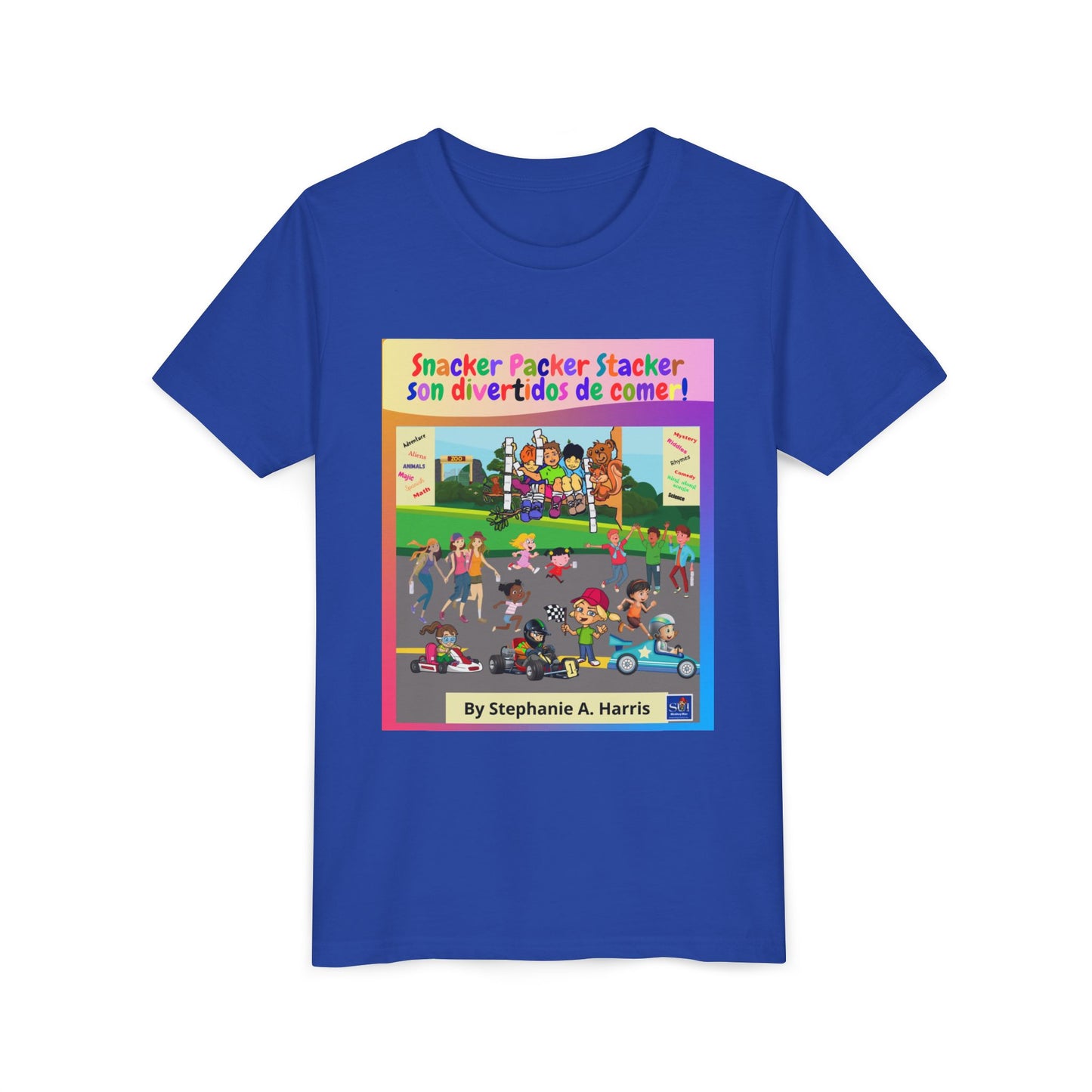Youth Tee - (Spanish) — "Snacker Packer Stacker: Son divertidos de comer" Illustrated Kids Book Cover Shirt