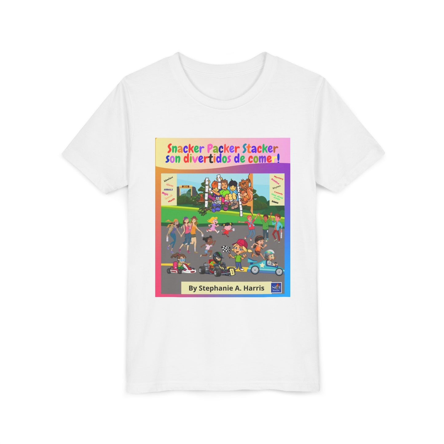 Youth Tee - (Spanish) — "Snacker Packer Stacker: Son divertidos de comer" Illustrated Kids Book Cover Shirt
