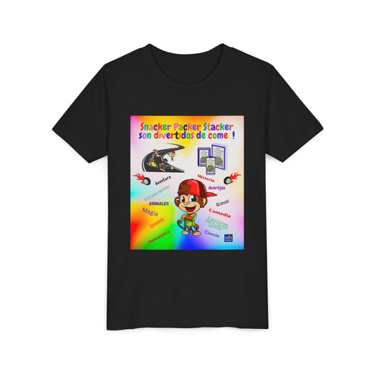 Youth Tee — (Spanish) Colorful Snack Design (“Snacker Packer Stacker son divertidos de come!”)