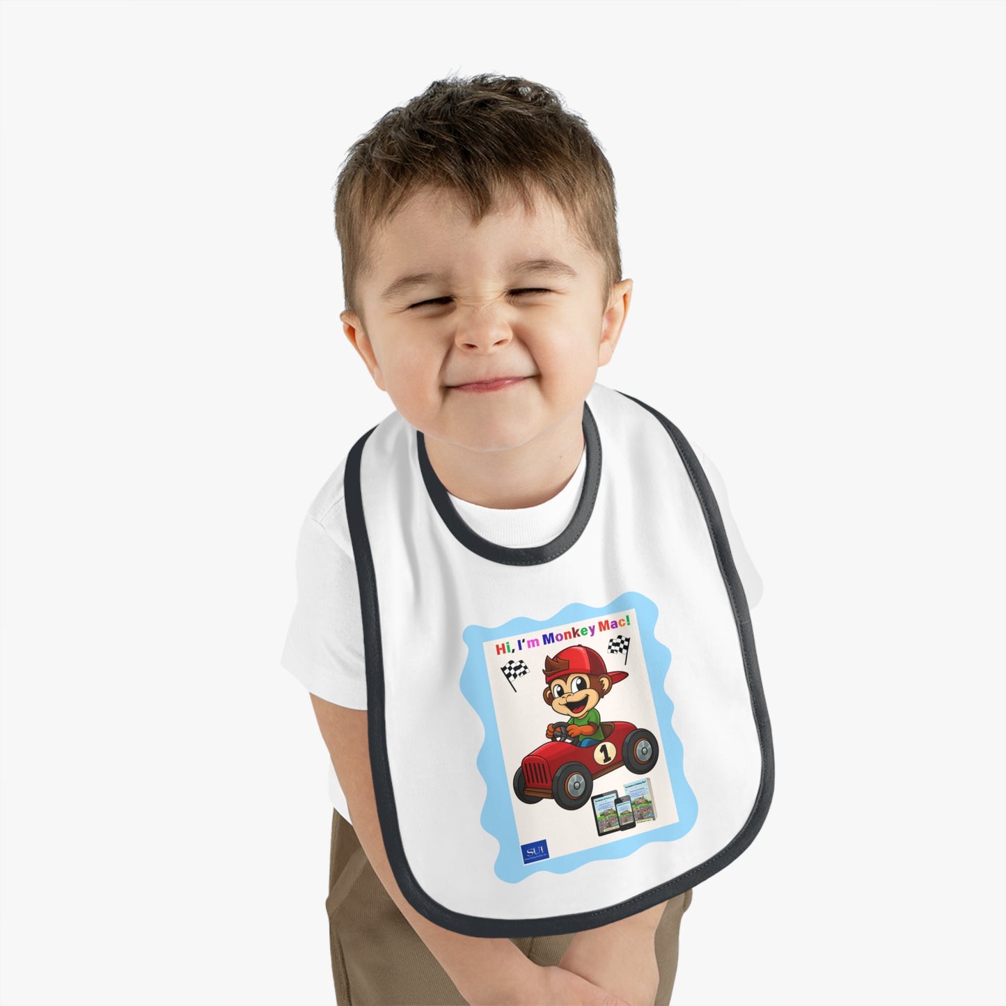 Fun Cartoon Baby Bib - 'Hi, I'm Monkey Mac!' Design