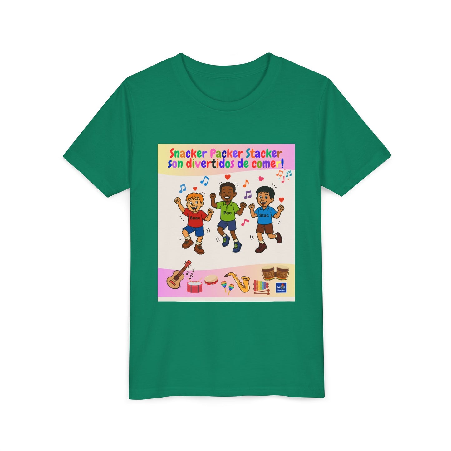 Youth Tee - (Spanish) – "Snacker Packer Stacker" Colorful Music & Dance Kids Shirt