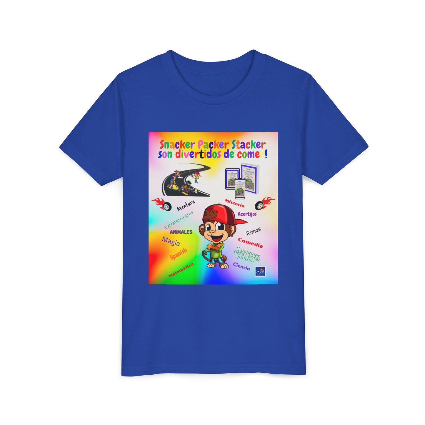 Youth Tee — (Spanish) Colorful Snack Design (“Snacker Packer Stacker son divertidos de come!”)
