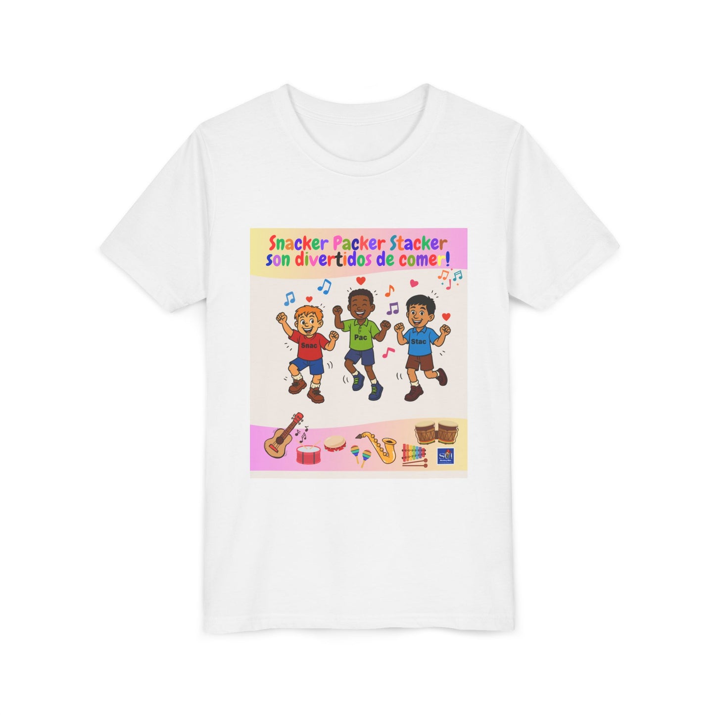 Youth Tee - (Spanish) – "Snacker Packer Stacker" Colorful Music & Dance Kids Shirt