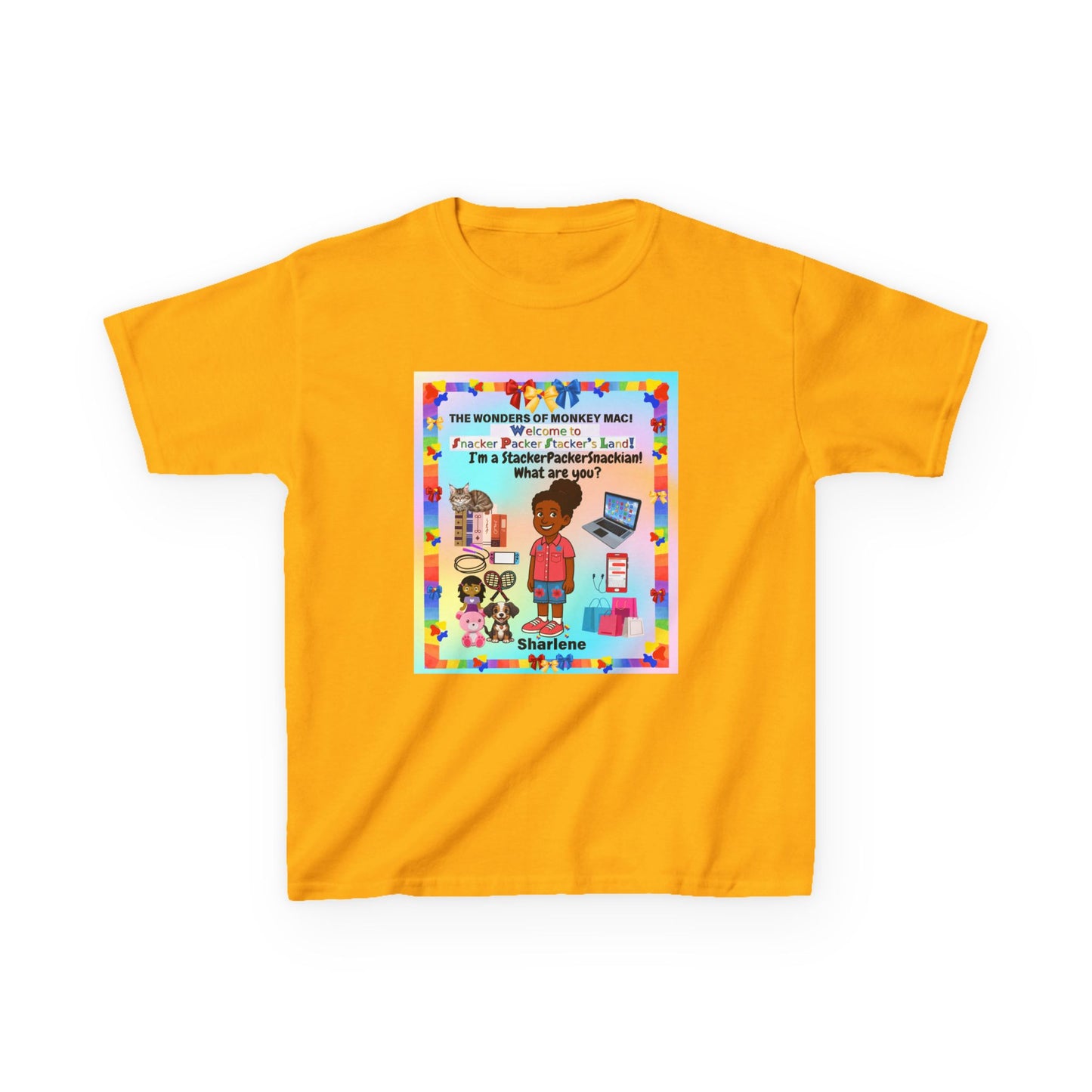 Youth Tee — "StackerPackerSnackman" Rainbow Travel & Adventure Kids T‑Shirt