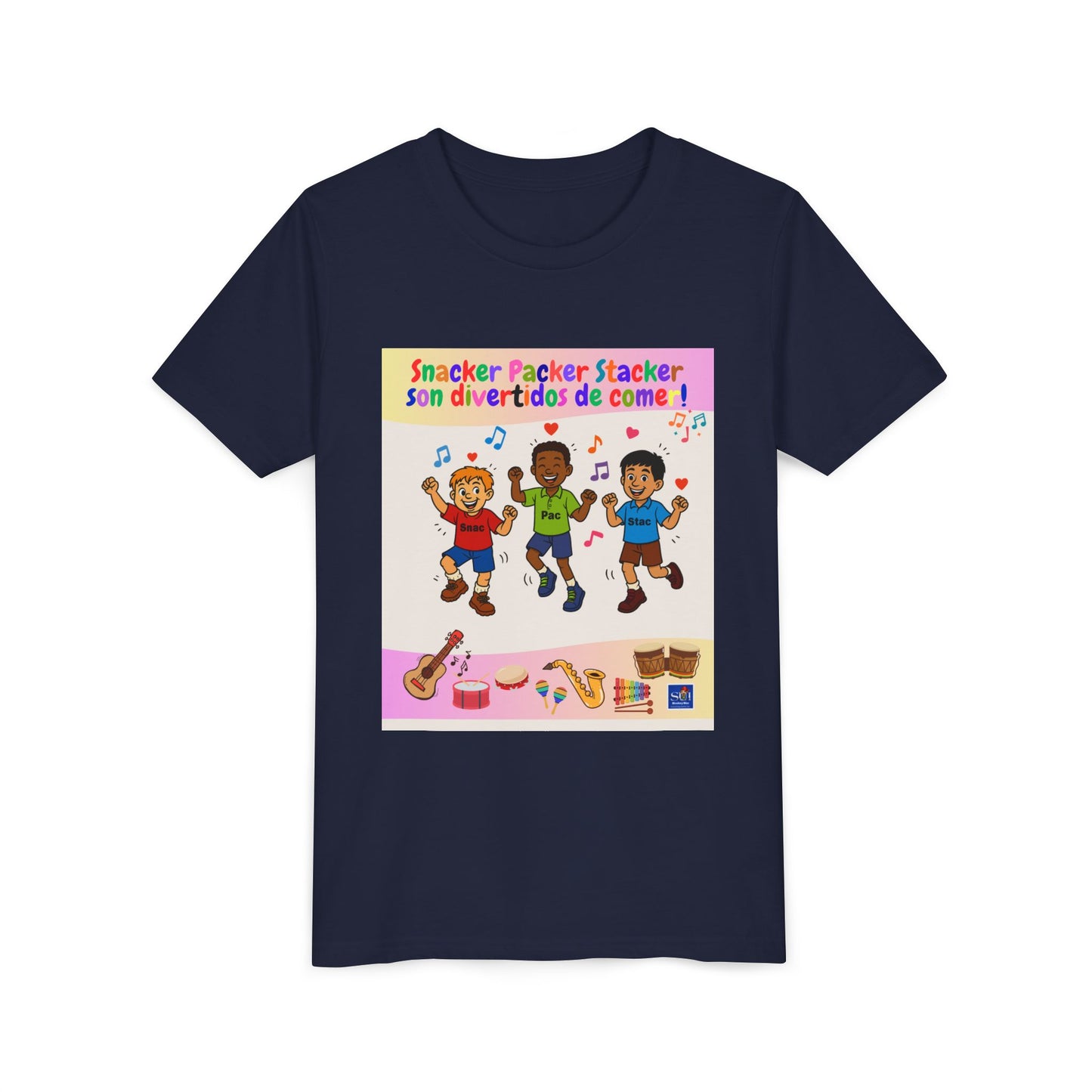 Youth Tee - (Spanish) – "Snacker Packer Stacker" Colorful Music & Dance Kids Shirt