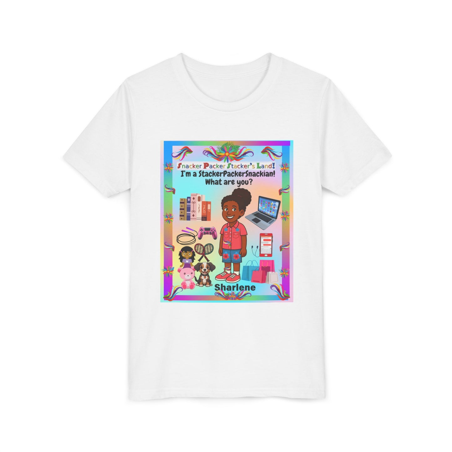 Youth Tee — "StackerPackerSnackman" Rainbow Travel & Adventure Kids T‑Shirt