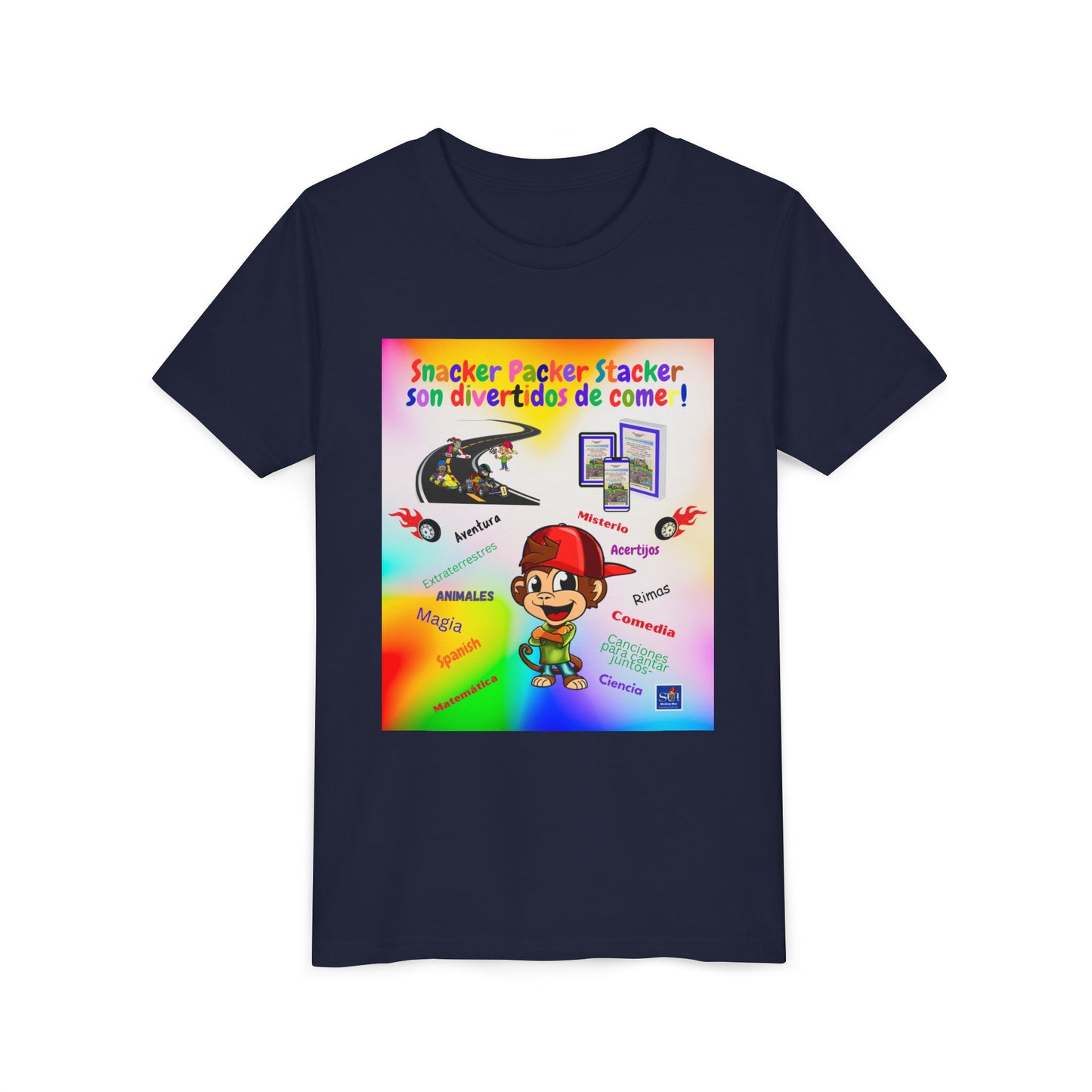 Youth Tee — (Spanish) Colorful Snack Design (“Snacker Packer Stacker son divertidos de come!”)
