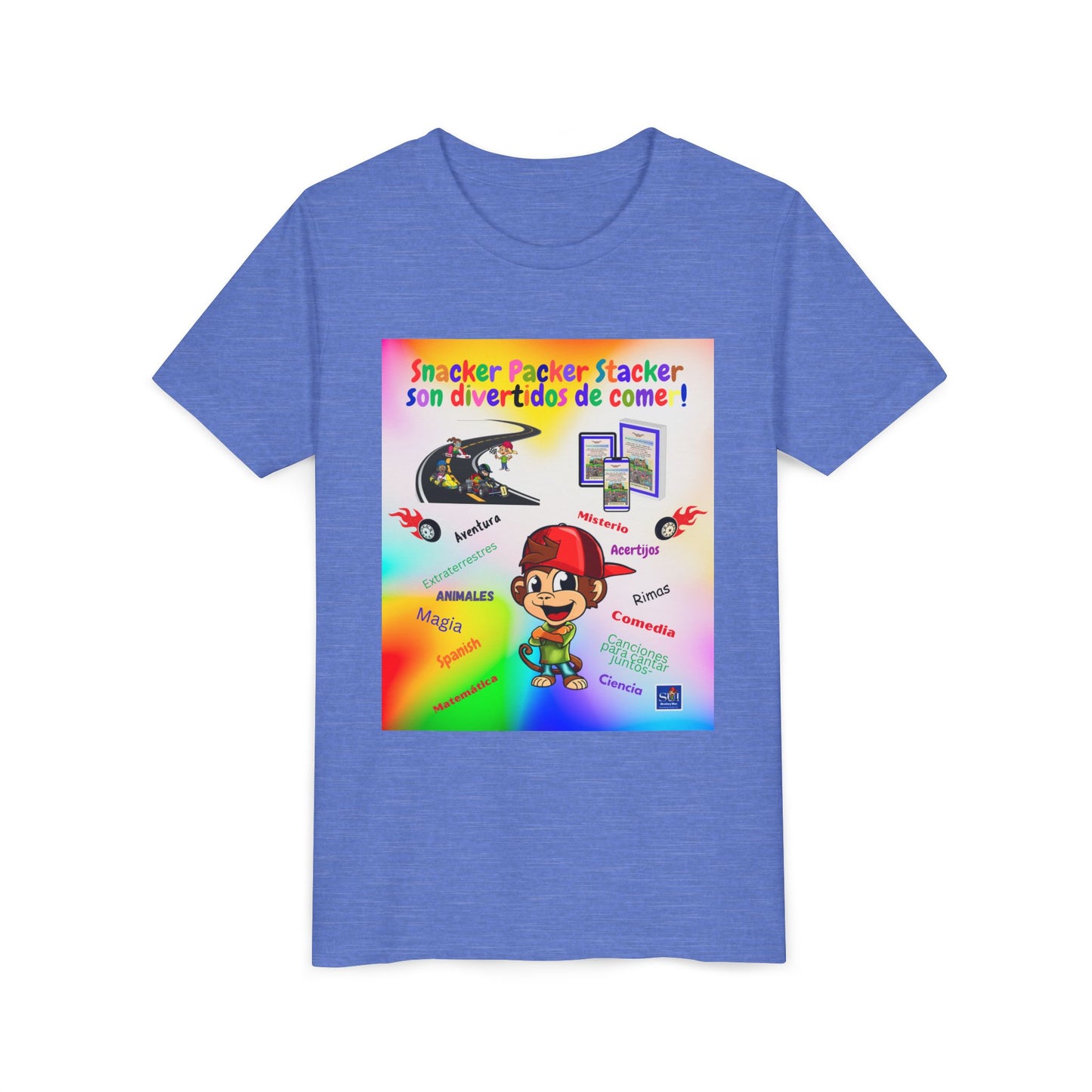 Youth Tee — (Spanish) Colorful Snack Design (“Snacker Packer Stacker son divertidos de come!”)