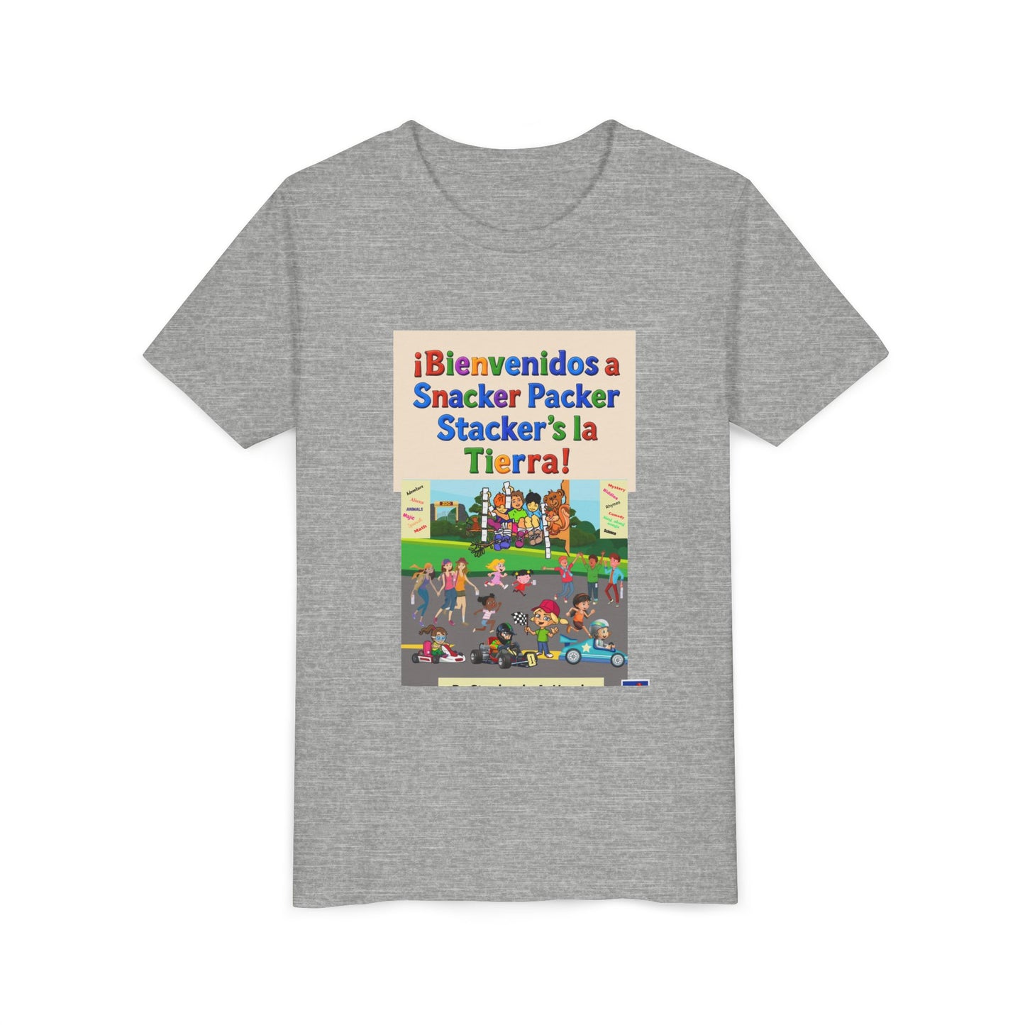 Youth Tee - (Spanish) "¡Bienvenidos a Snacker Packer Stacker's la Tierra!" Colorful Bilingual Kids Shirt