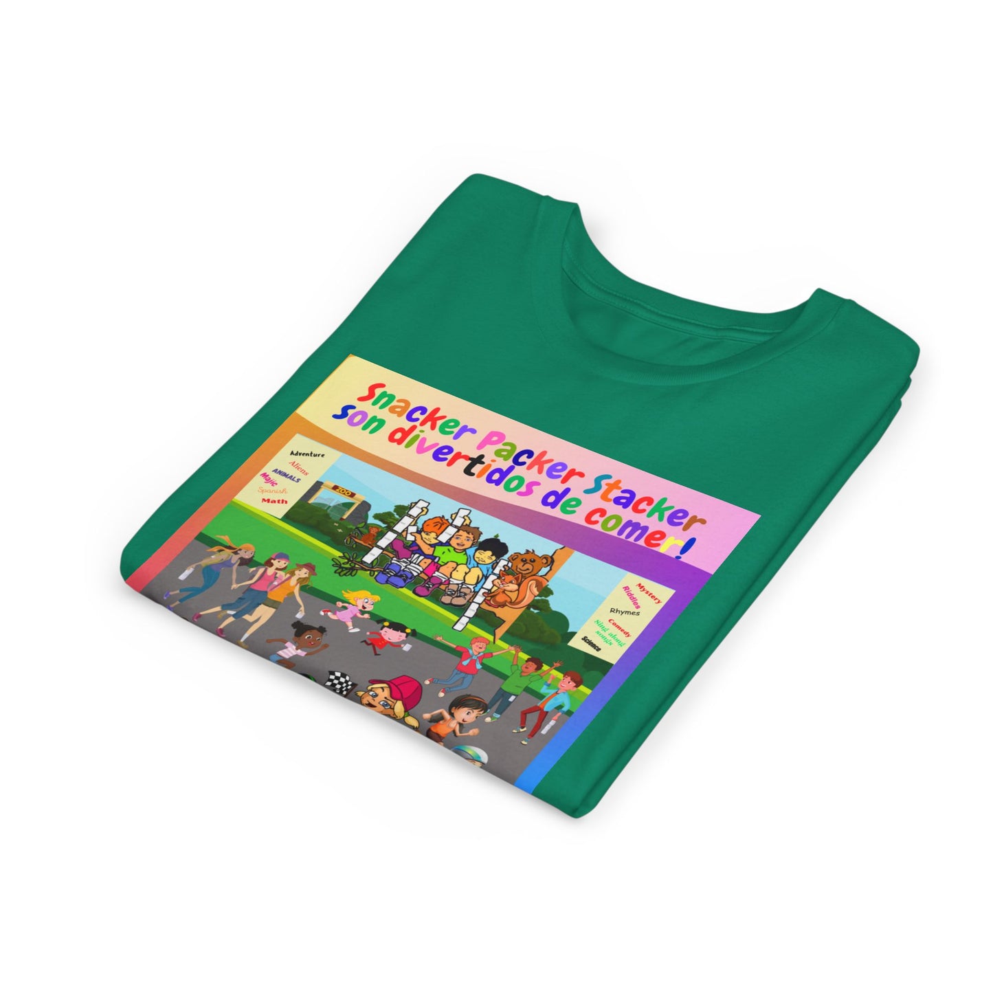 Youth Tee - (Spanish) — "Snacker Packer Stacker: Son divertidos de comer" Illustrated Kids Book Cover Shirt