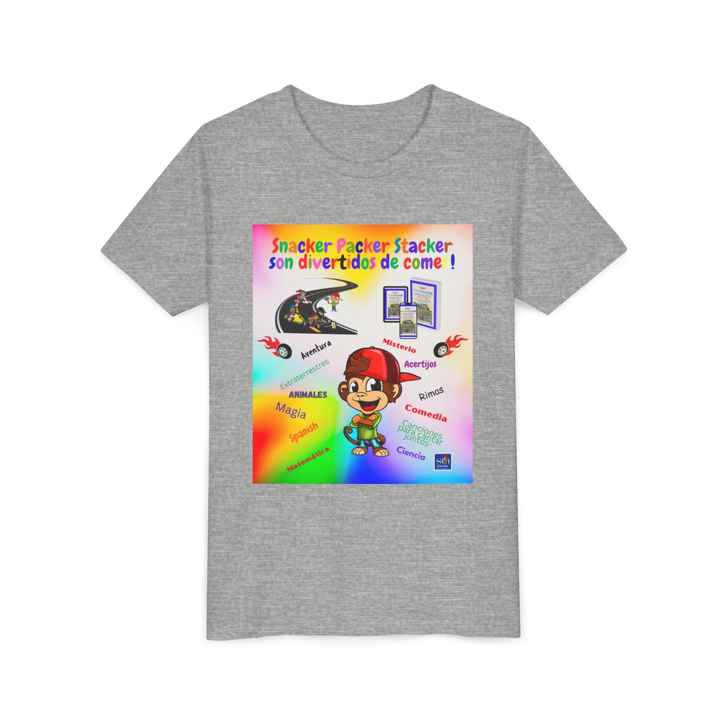 Youth Tee — (Spanish) Colorful Snack Design (“Snacker Packer Stacker son divertidos de come!”)
