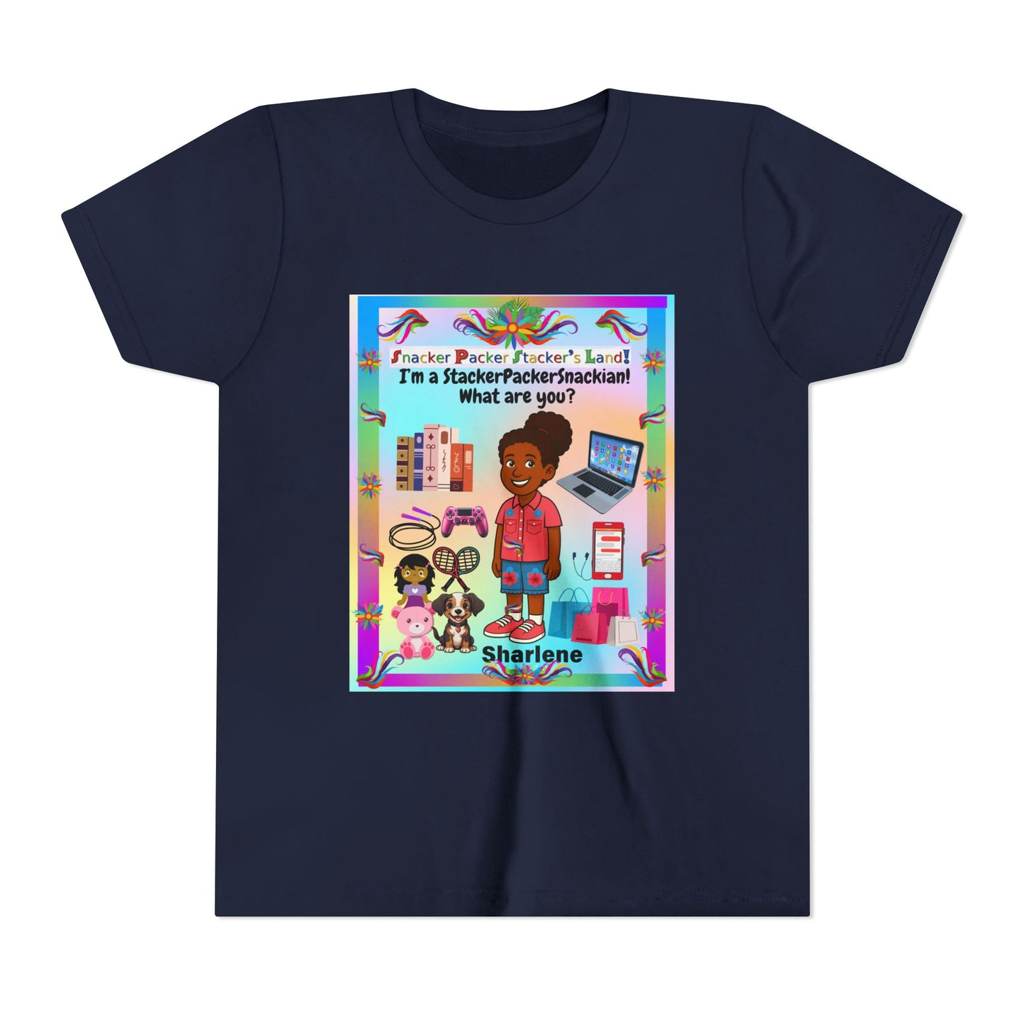 Youth Tee — "StackerPackerSnackman" Rainbow Travel & Adventure Kids T‑Shirt