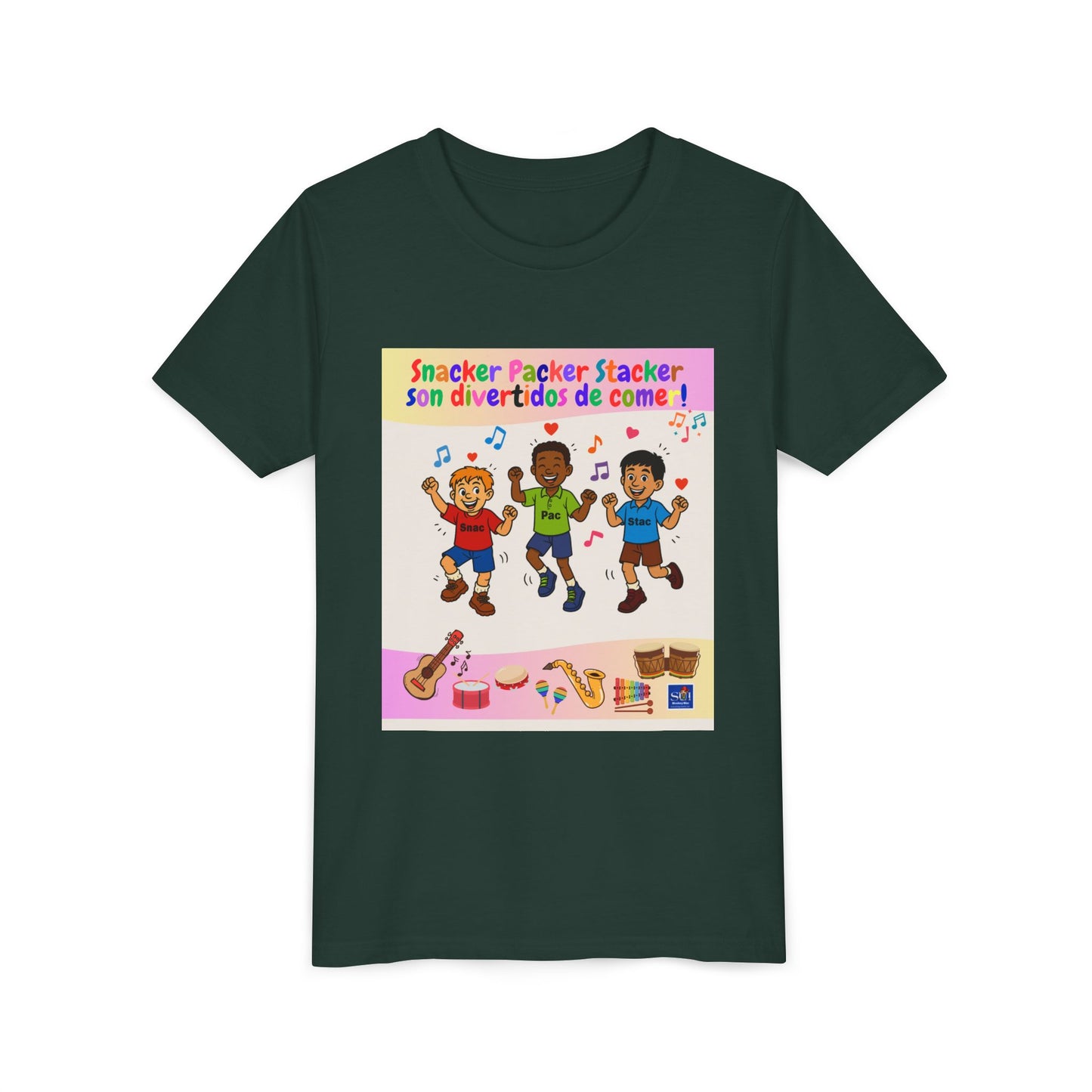 Youth Tee - (Spanish) – "Snacker Packer Stacker" Colorful Music & Dance Kids Shirt
