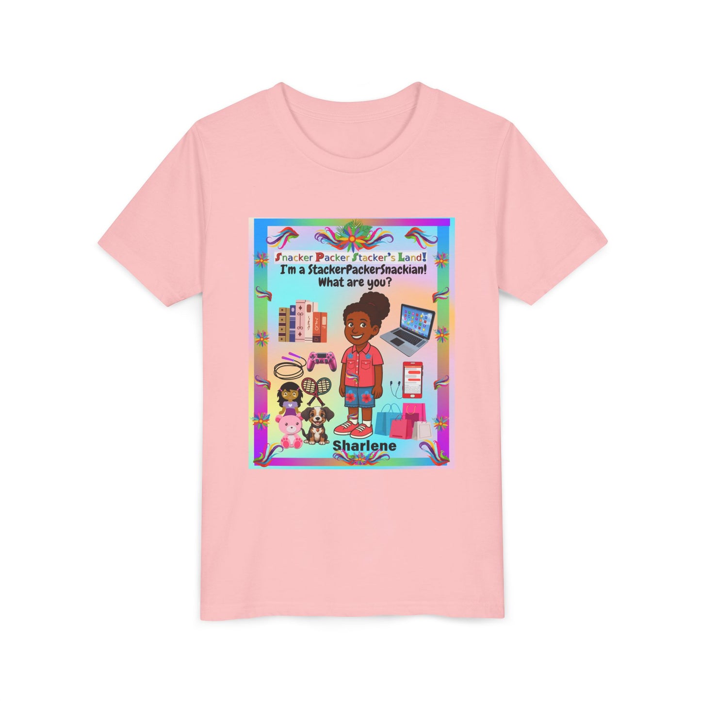 Youth Tee — "StackerPackerSnackman" Rainbow Travel & Adventure Kids T‑Shirt