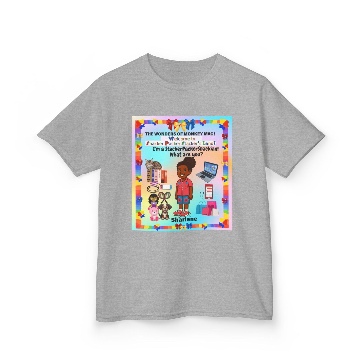 Youth Tee — "StackerPackerSnackman" Rainbow Travel & Adventure Kids T‑Shirt